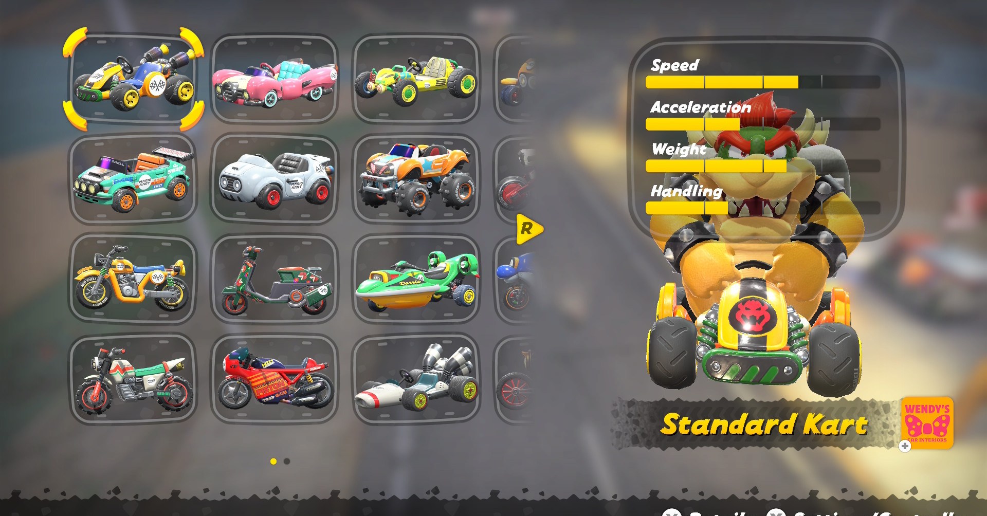 A tela de seleção de kart em Mario Kart World, mostrando Bowser em seu kart padrão
