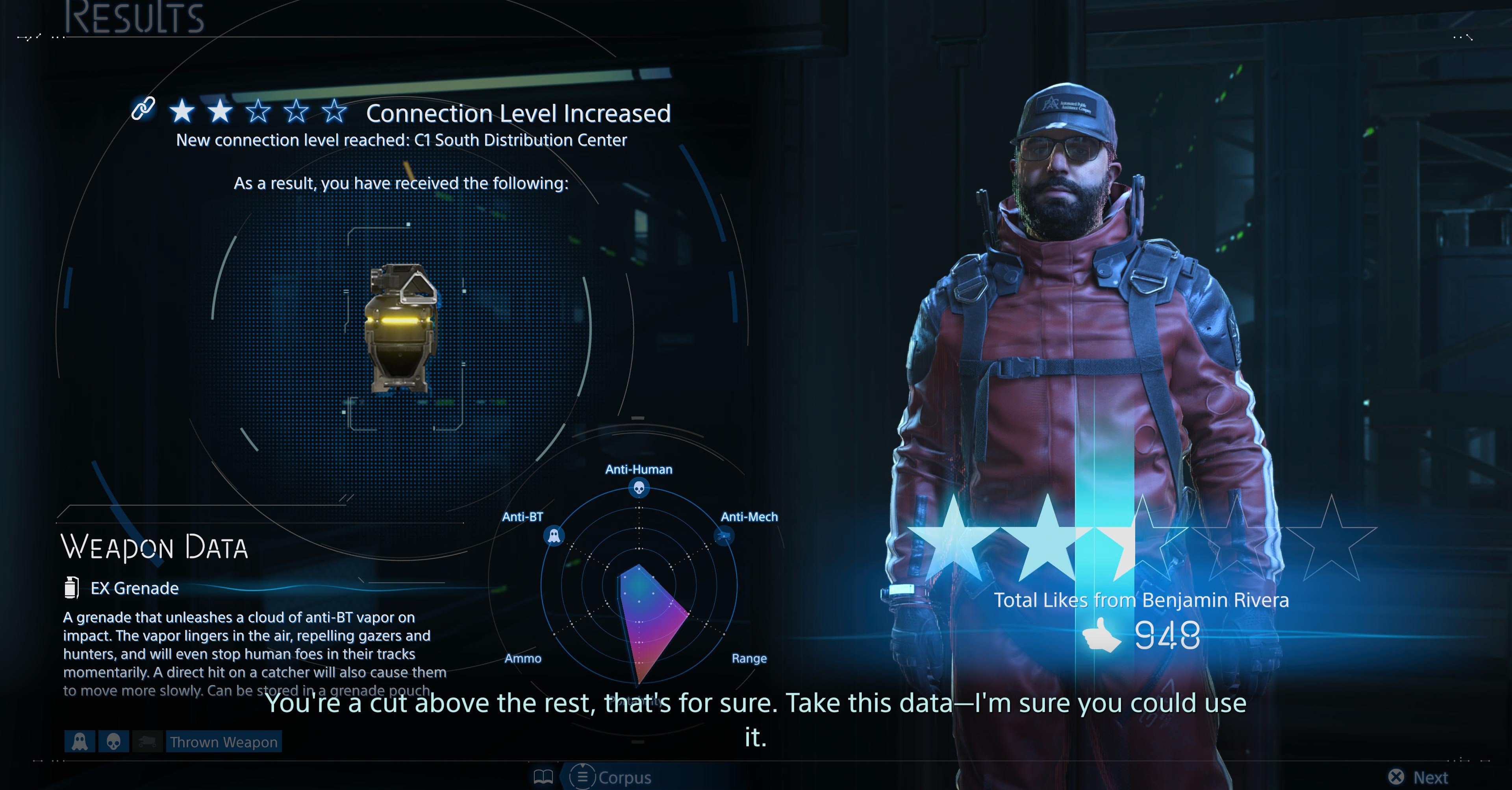 Uma tela de avaliação de pedidos e nível de conexão em Death Stranding 2