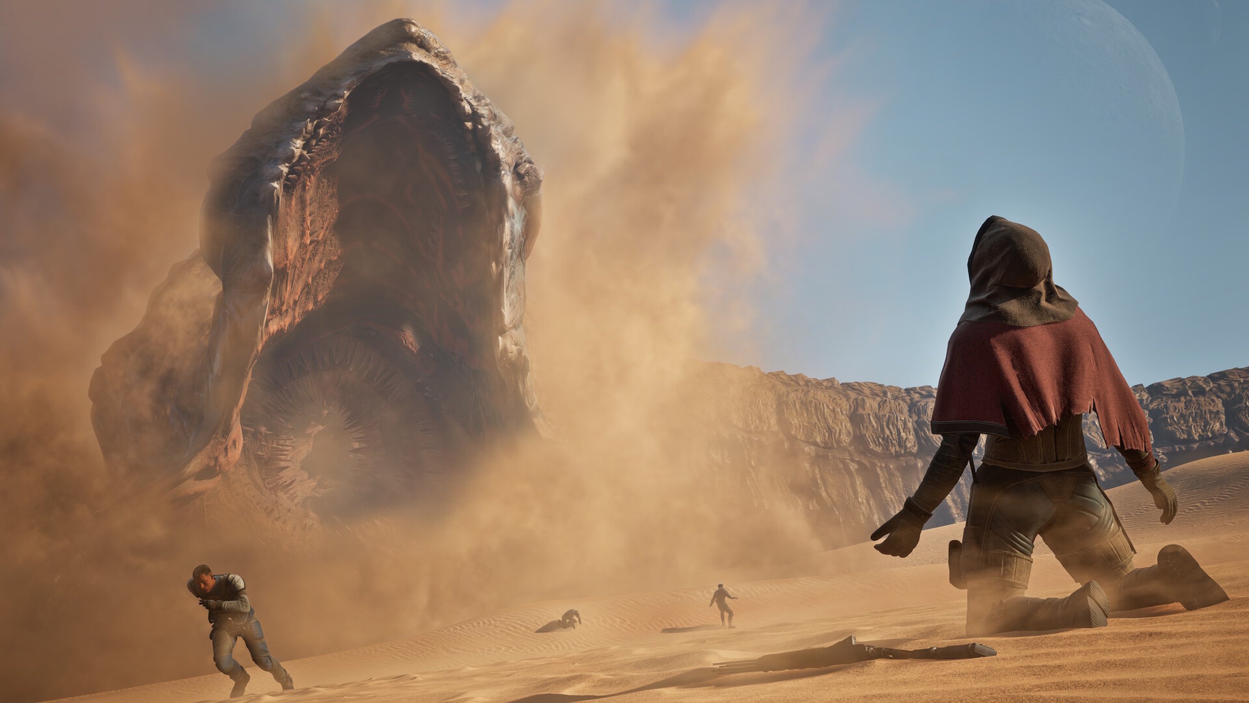 Um sandworm se aproximando de um personagem condenado em Dune Awakening