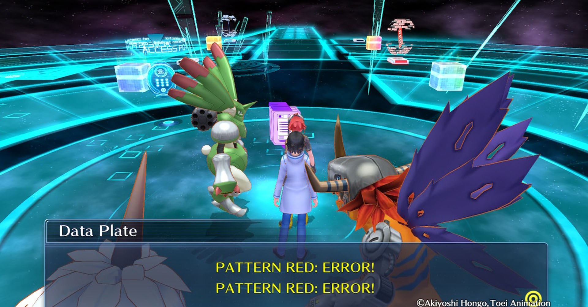Dois caracteres seguidos por três Digimon. 