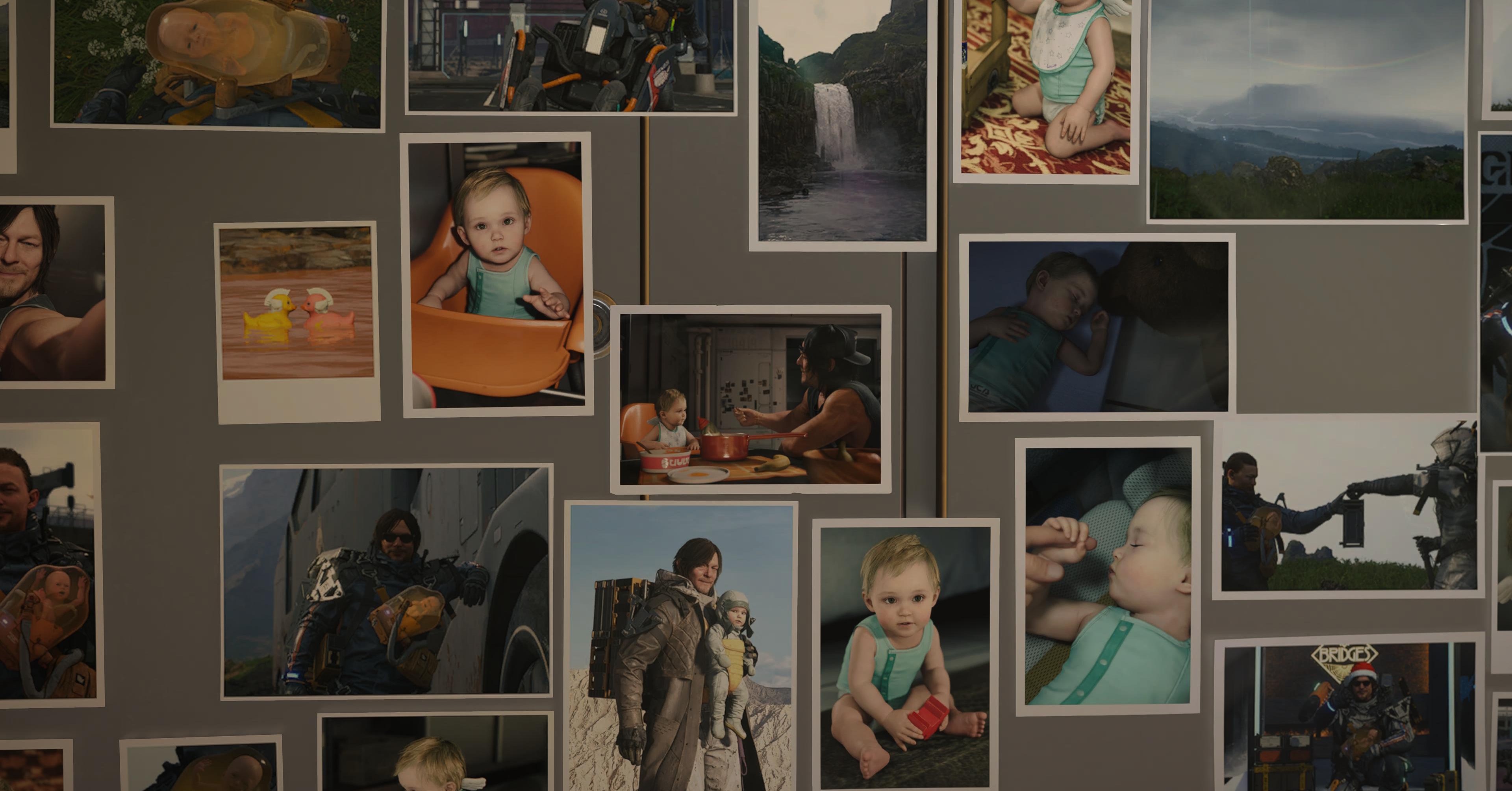Parede fotográfica de Sam Bridges em Death Stranding 2