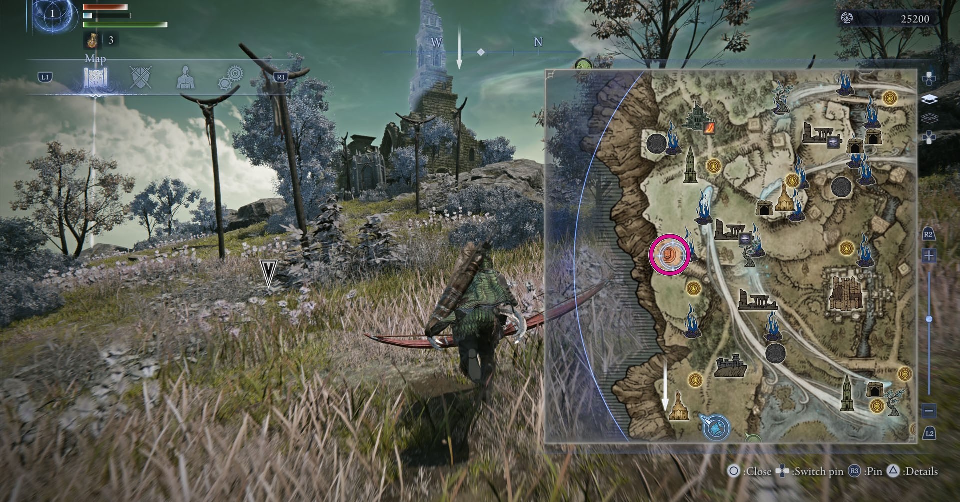 Uma captura de tela de Elden Ring Nightreign mostra a localização no mapa, onde o primeiro objetivo de lembrança de Ironeye está localizado durante uma expedição.