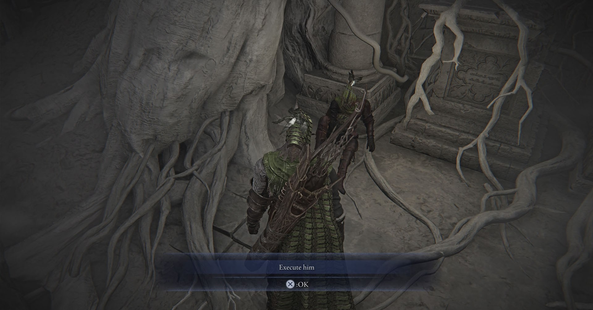 Uma captura de tela de Elden Ring Nightreign mostrando Ironeye olhando para o traidor com uma caixa de mensagem na tela, dando a você a chance de optar por executar o traidor.