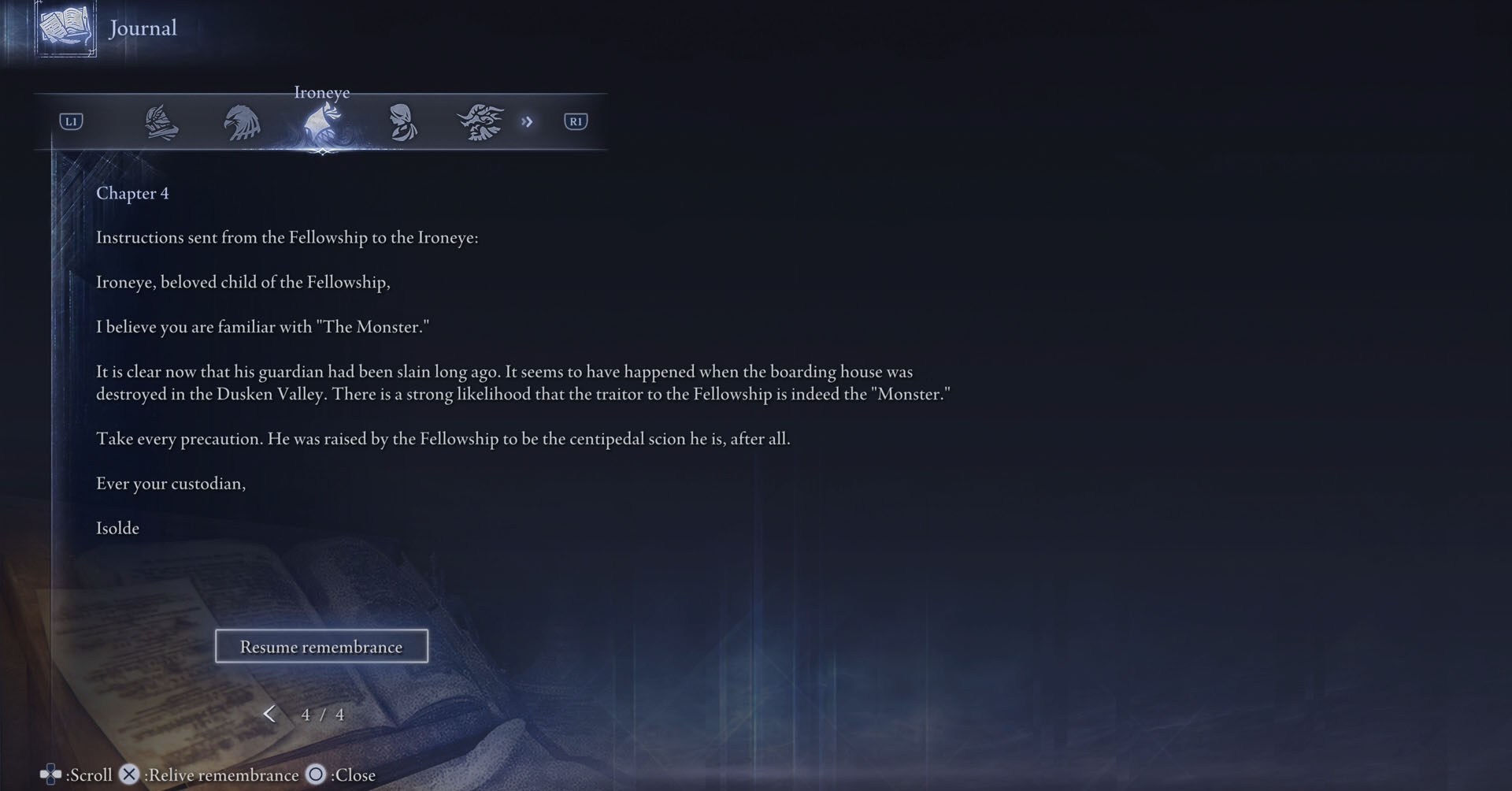 E Elden Ring Nightfrn ScreenShot mostrando o capítulo 4 no diário de Irotheye.