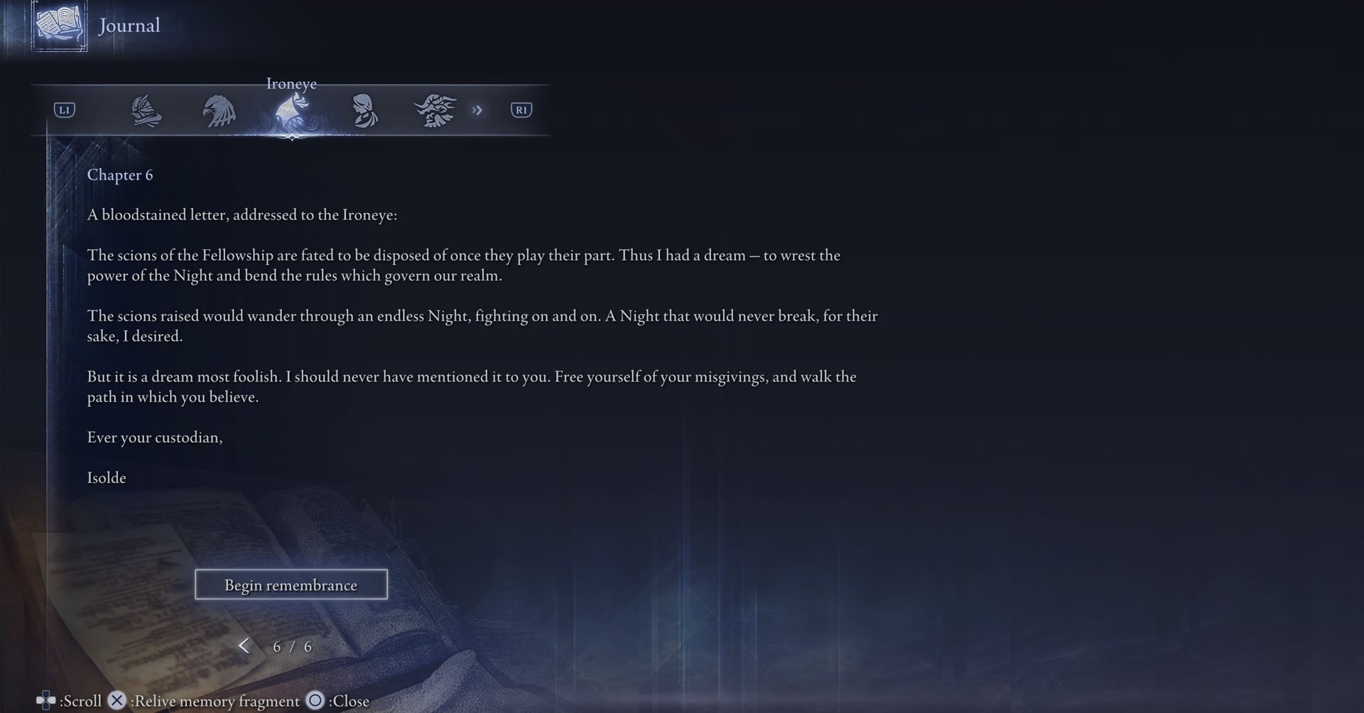 Uma captura de tela de Elden Ring Nightreign mostrando o capítulo 6 no jounal de Ironeye.