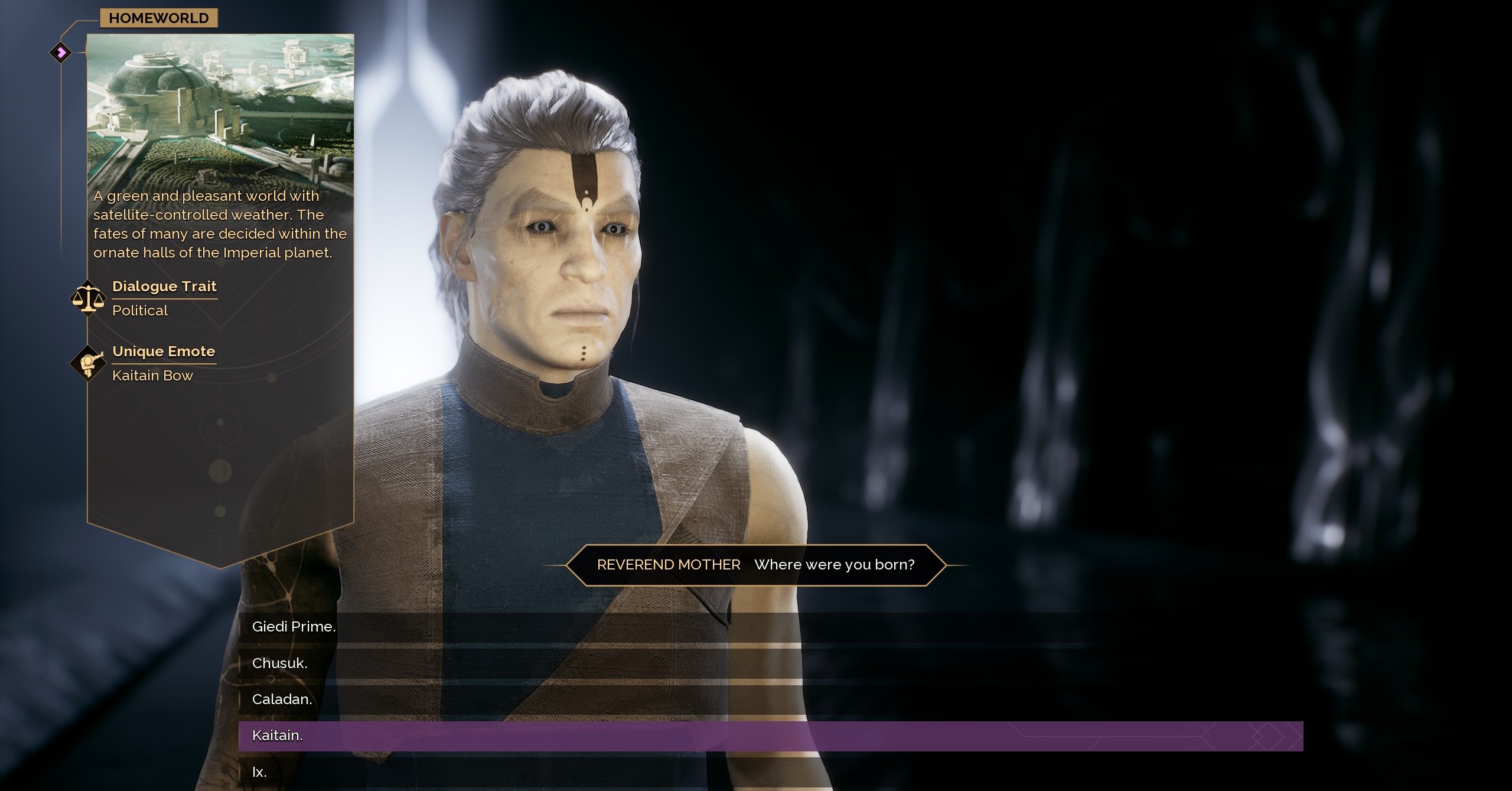 Um personagem em Dune Awakening selecionando Katain como sua escolha no mundo natal