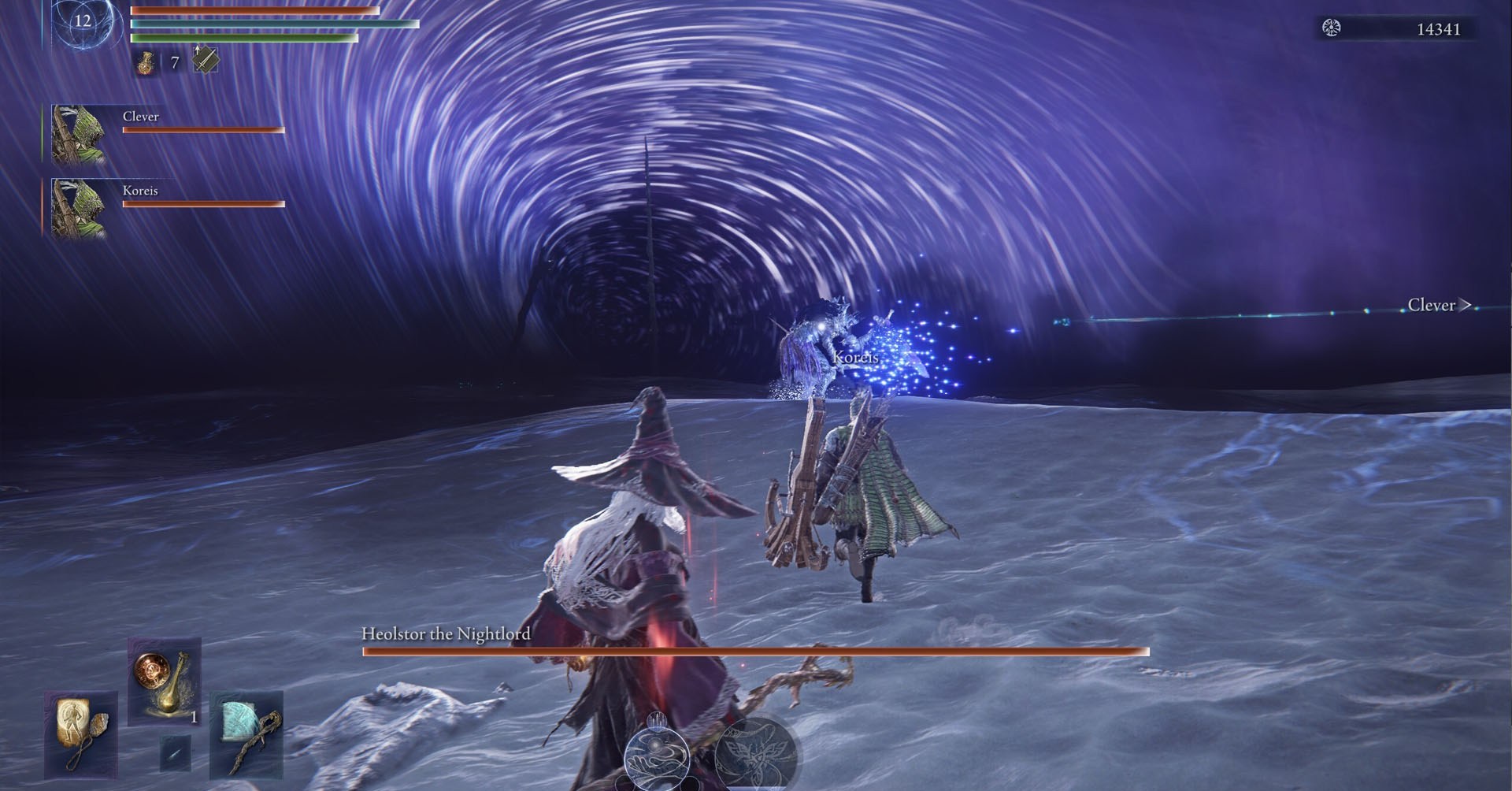 Uma captura de tela de Elden Ring Nightreign mostrando uma batalha contra o Heolstor the Nightlord, o último chefe do jogo.