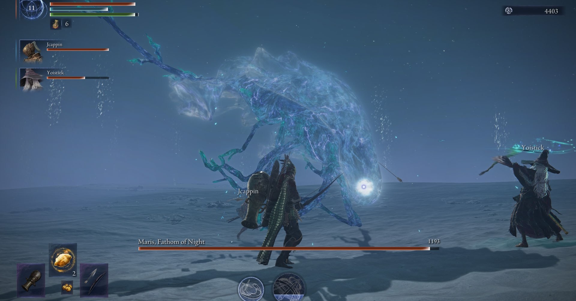 Uma captura de tela de Elden Ring Nightreign mostrando Maris, Fathom of Night, um dos chefes do jogo. 