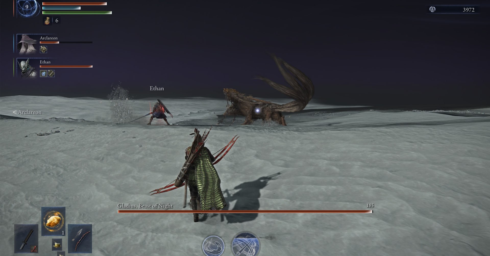 Uma captura de tela de Elden Ring Nightreign mostrando o grupo de jogadores lutando contra Gladius, Besta da noite, o primeiro senhor da noite disponível no jogo.