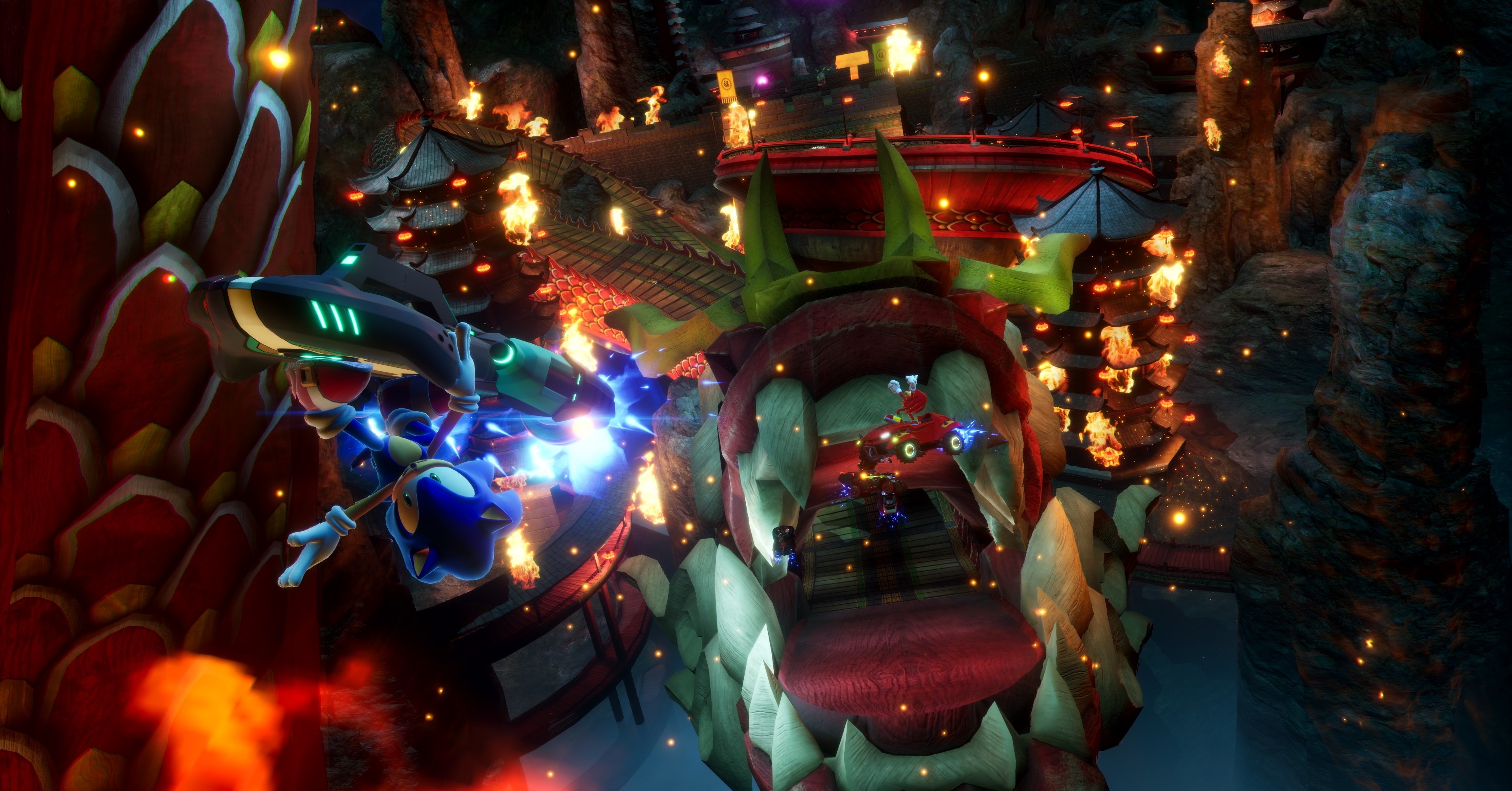 Sonic batendo uma rampa com um hoverboard em Sonic Racing Crossworlds
