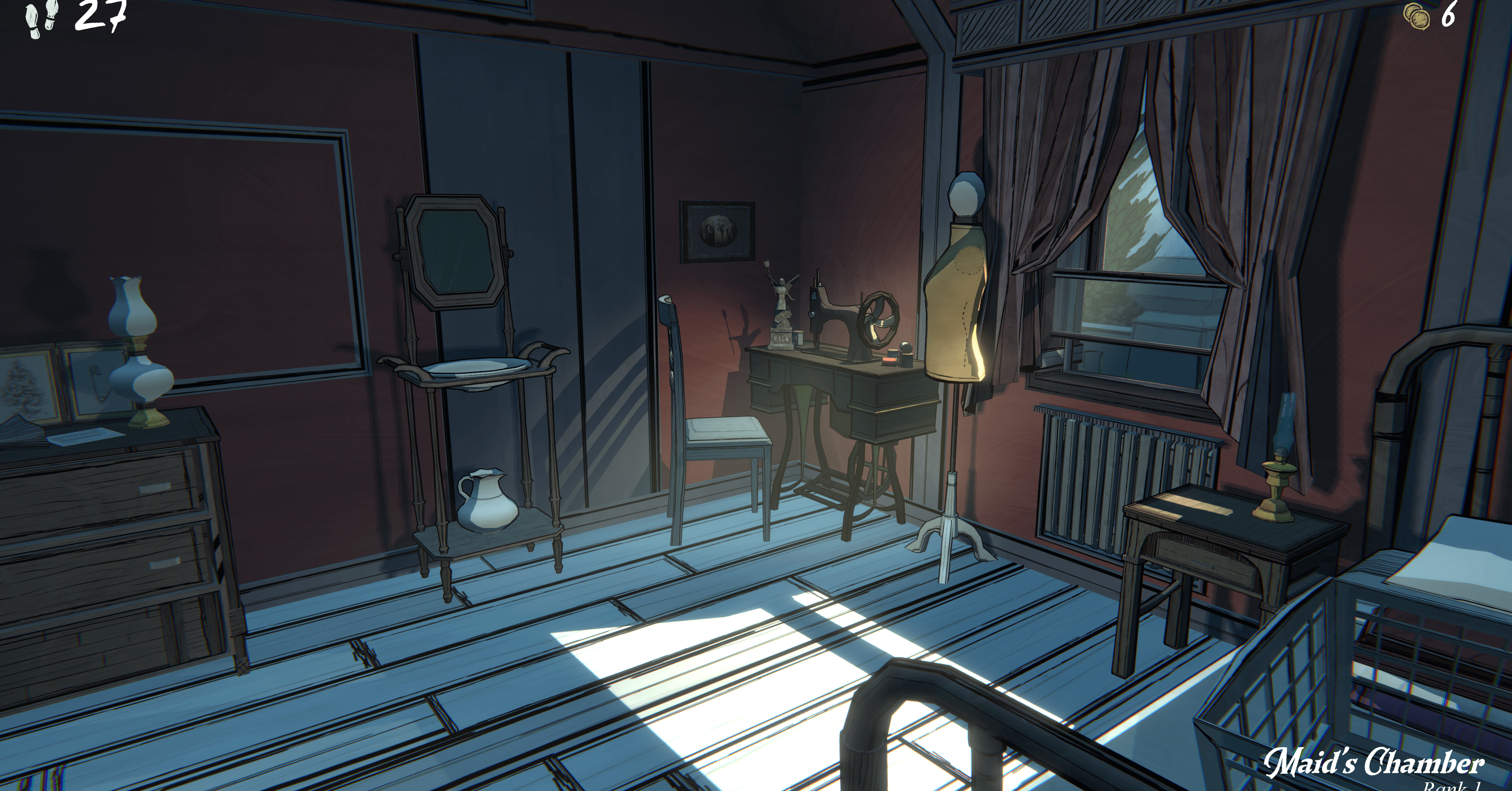 Uma captura de tela do Blue Prince mostrando um quarto com sol escorrendo através de uma janela pelo alicerado e máquina de costura de um alfaiate