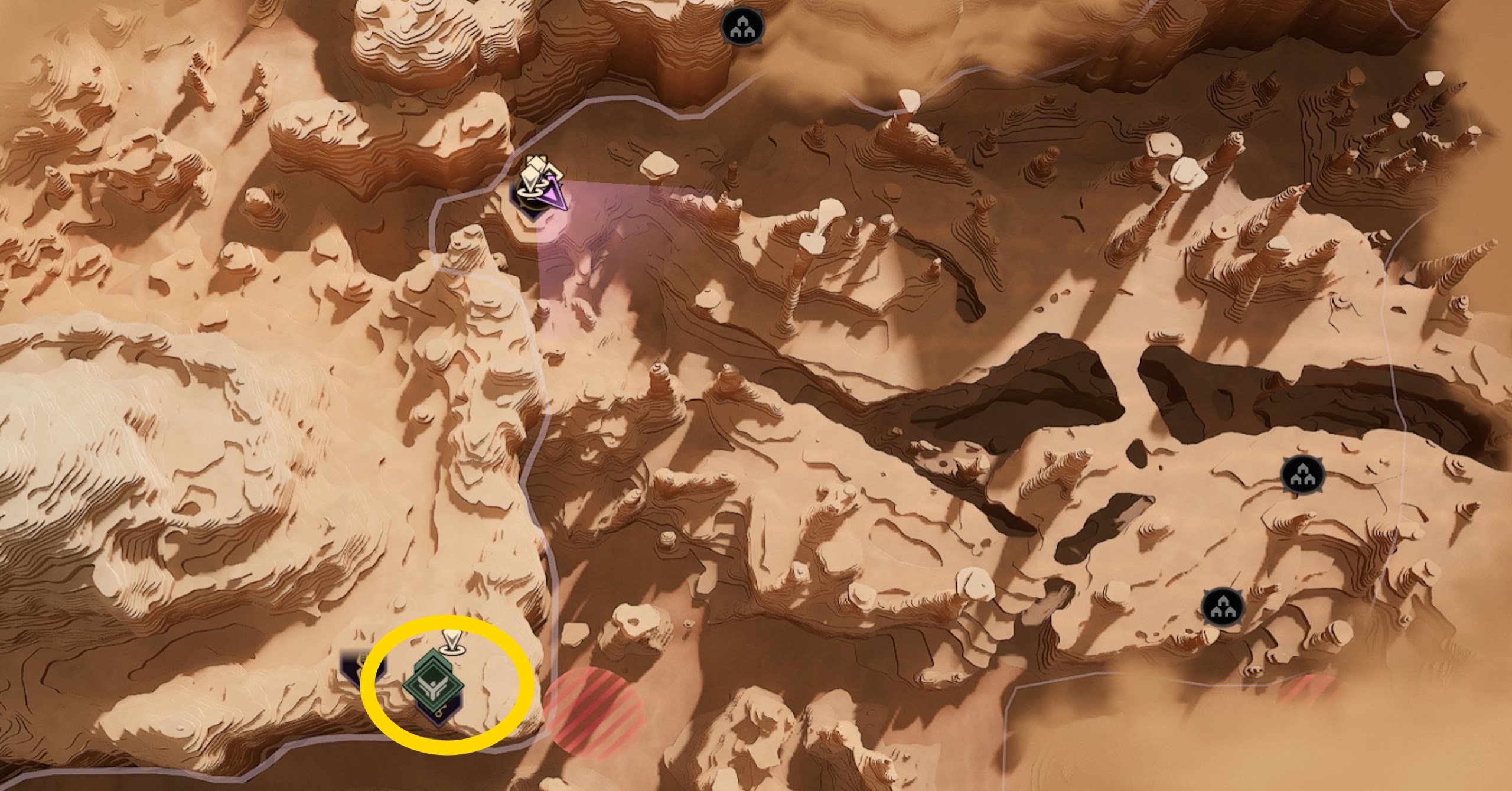 Uma imagem de mapa mostrando onde encontrar o treinador de benefício em Dune Awakening