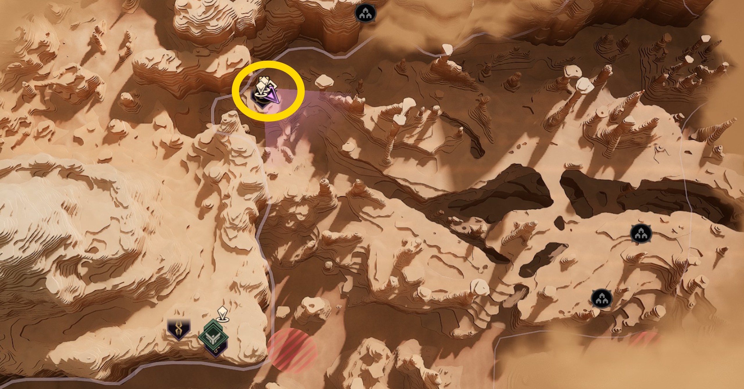 Uma imagem de mapa mostrando onde encontrar o treinador de Swordmaster em Dune Awakening