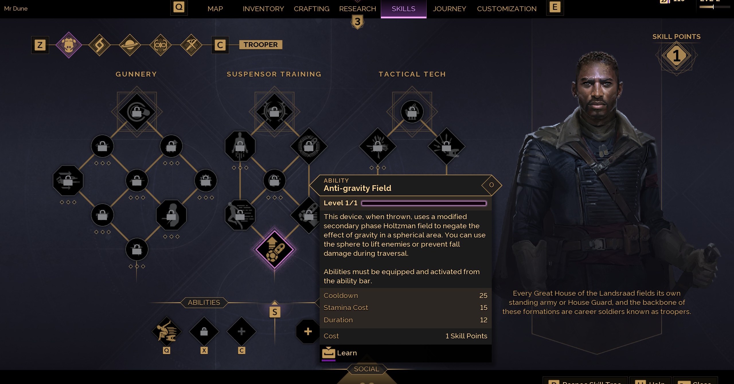 Uma árvore de habilidades em Dune Awakening