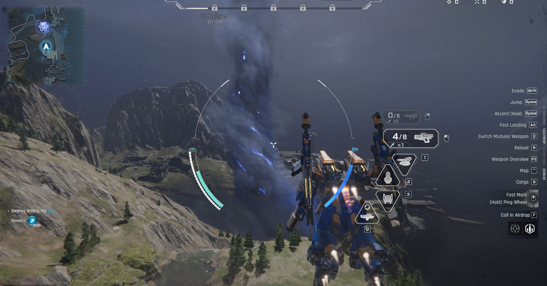 Uma captura de tela de mecha break mostrando um mecha pairando ao lado da área atingida por uma tempestade.