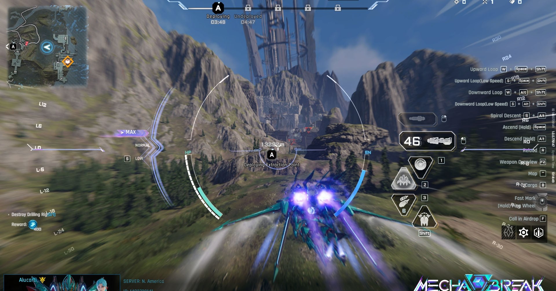 Uma captura de tela de mecha break mostrando a interface do usuário e um mecha de jato voando.