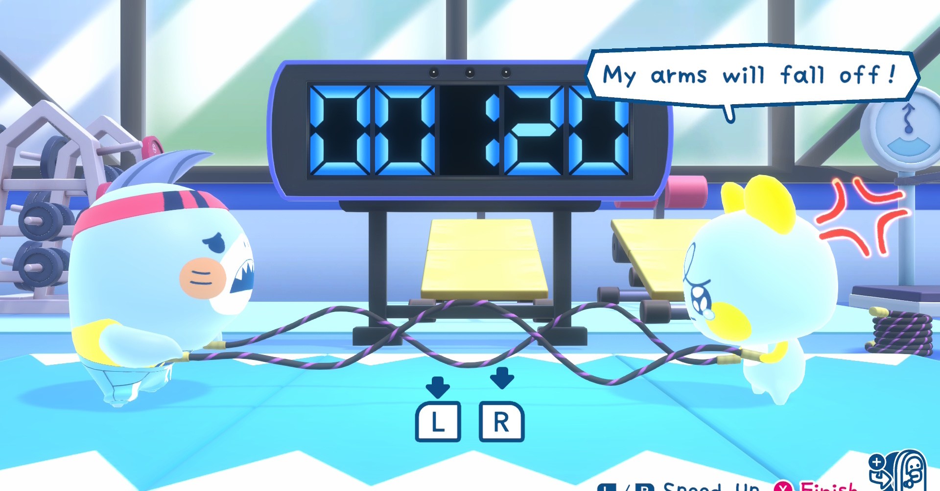 Um minigame de treinamento de força em Tamagotchi Plaza