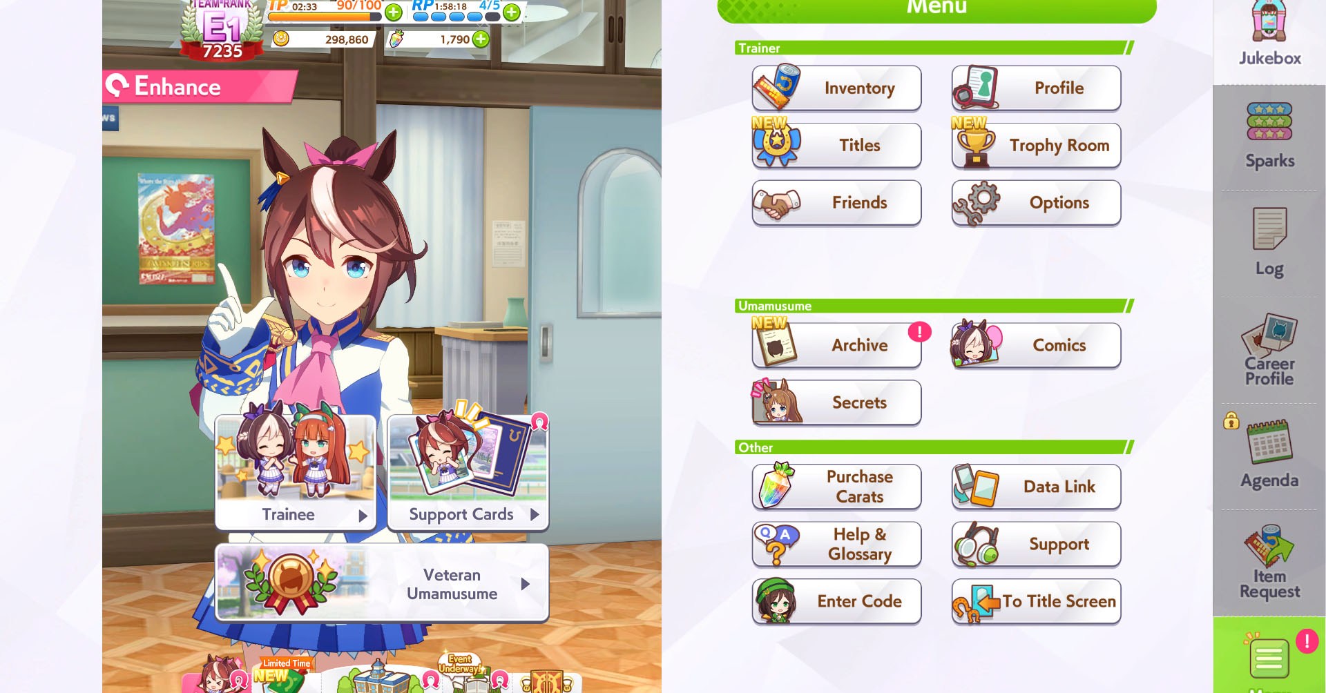 Uma captura de tela de umamusume: Pretty Derby mostrando um personagem e o menu aprimorado, onde você pode ver todos os personagens e cartões de suporte que possui.