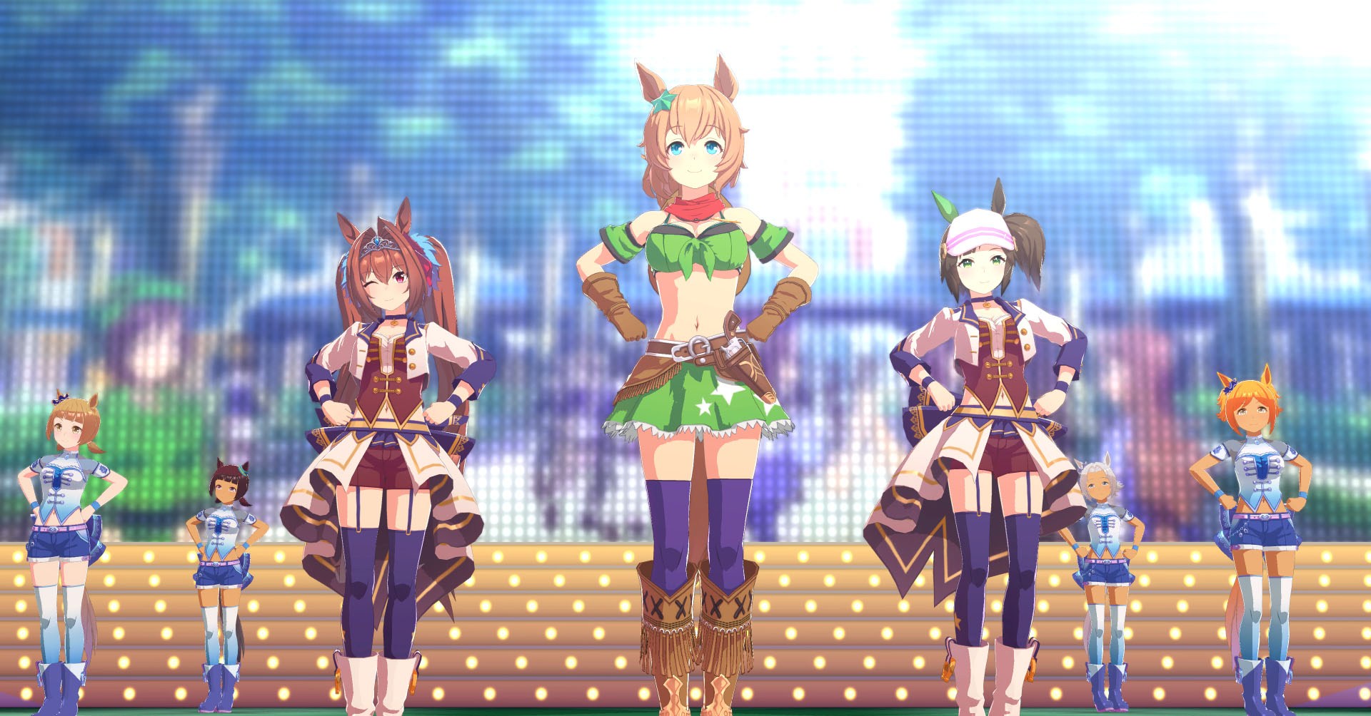 Um Umamusume: Captura de tela bonita Derby mostrando o concerto depois de uma corrida com o Shuttle Taiki no centro.