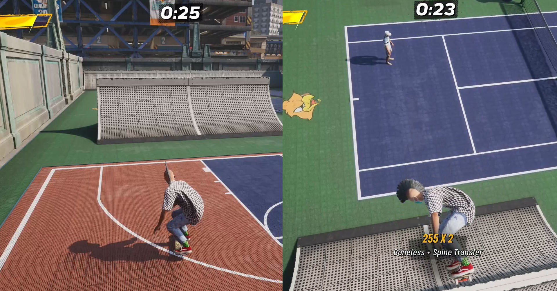 Uma montagem de duas capturas de tela do Skater 4 de Tony Hawk mostrando a execução antes e durante a execução de uma transferência de coluna de desossação e desossação.