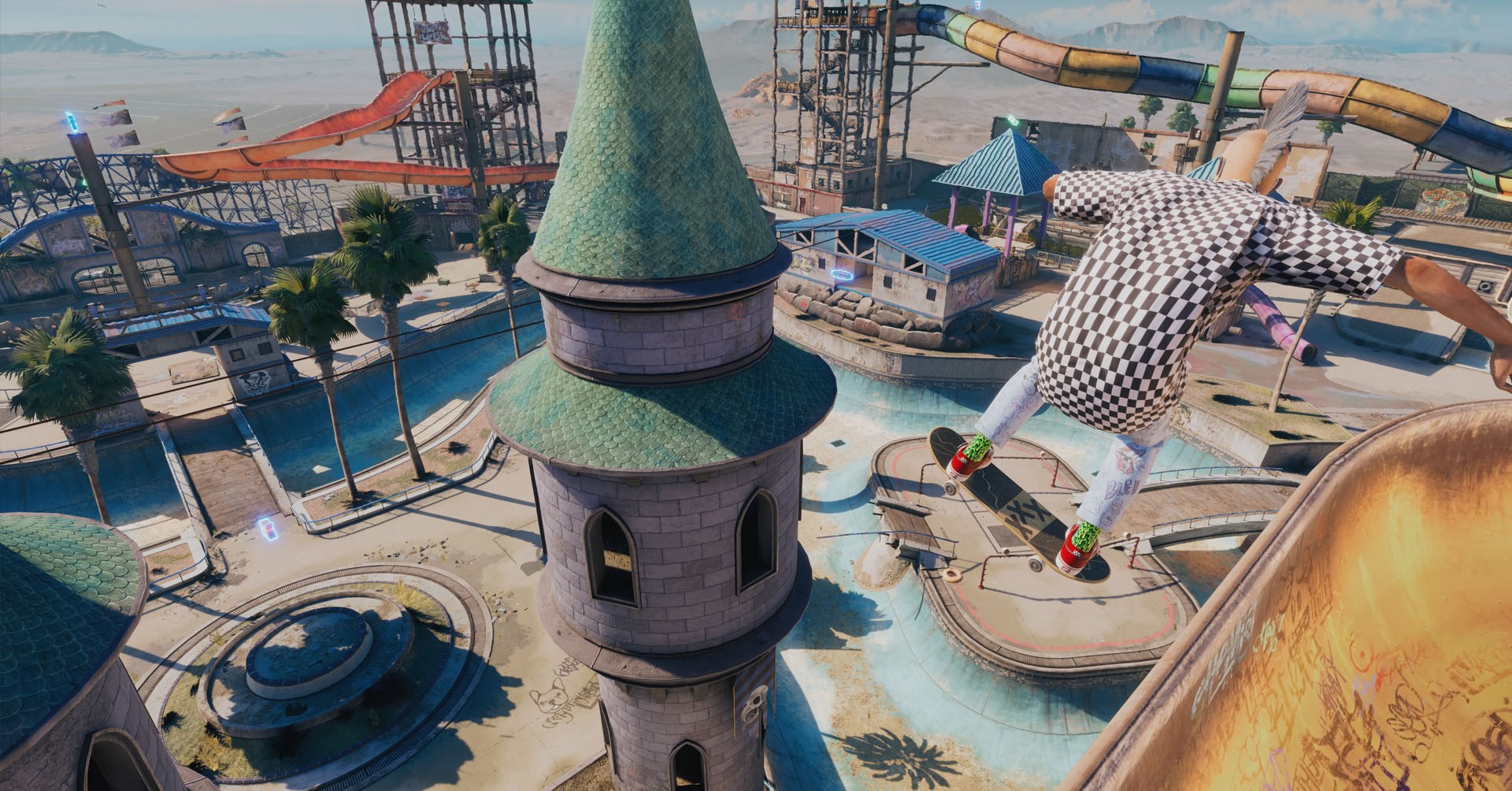 Um skatista Pro 4 de Tony Hawk mostrando um personagem pulando de uma tigela ao lado de uma torre de um castelo.