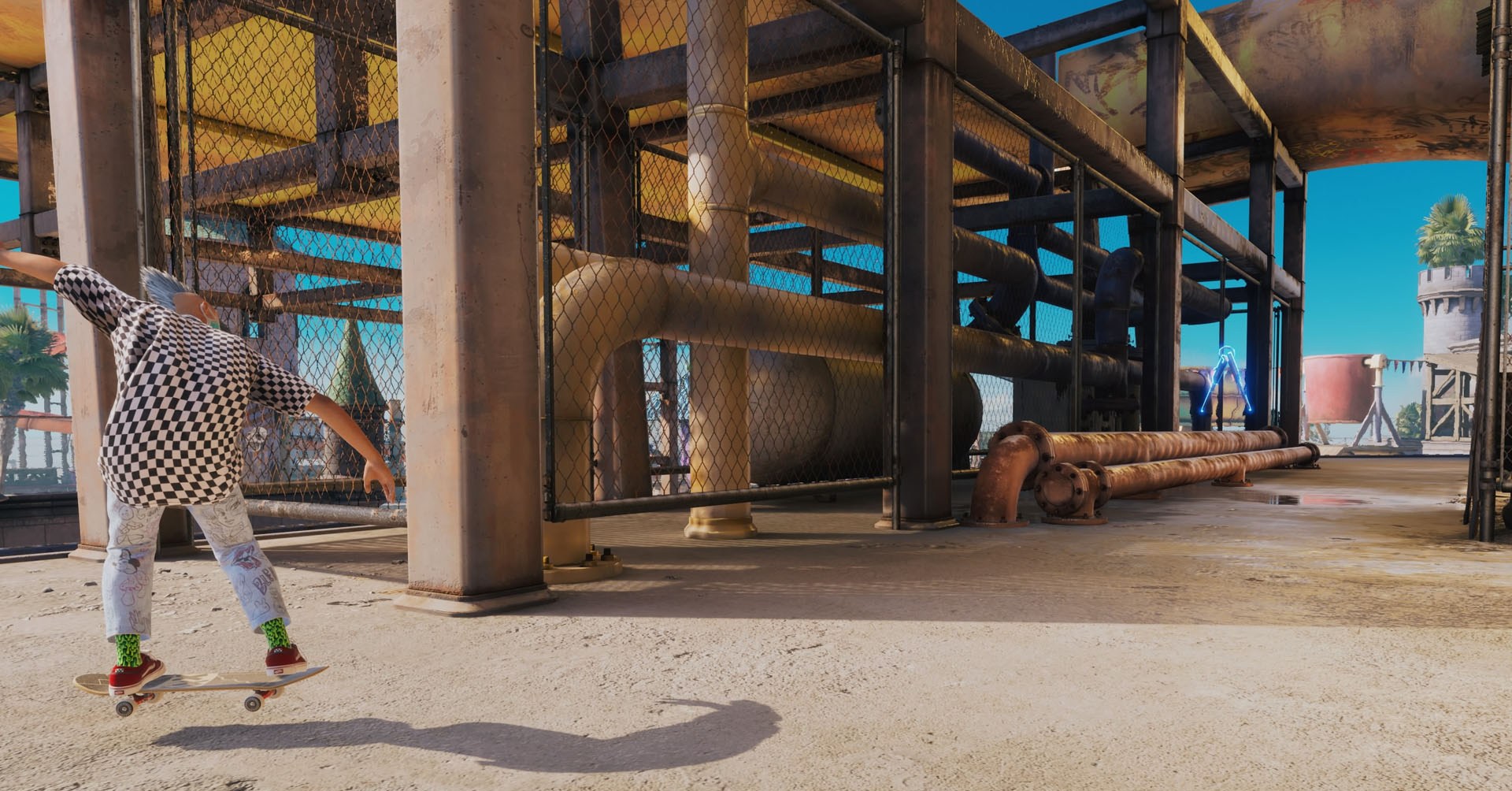 A captura de tela do Skater 4 de Tony Hawk mostrando o personagem ao lado das chaves flutuantes 