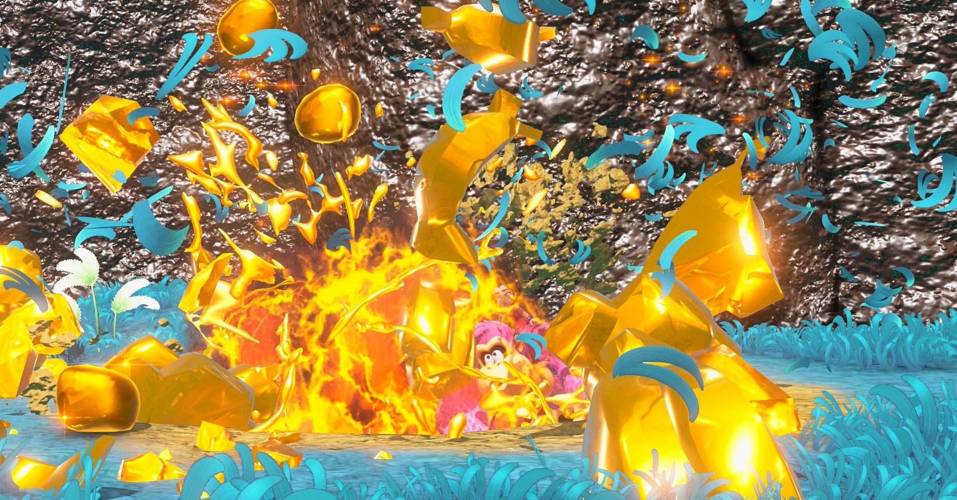 DK em Donkey Kong Bananza na base de uma erupção de ouro