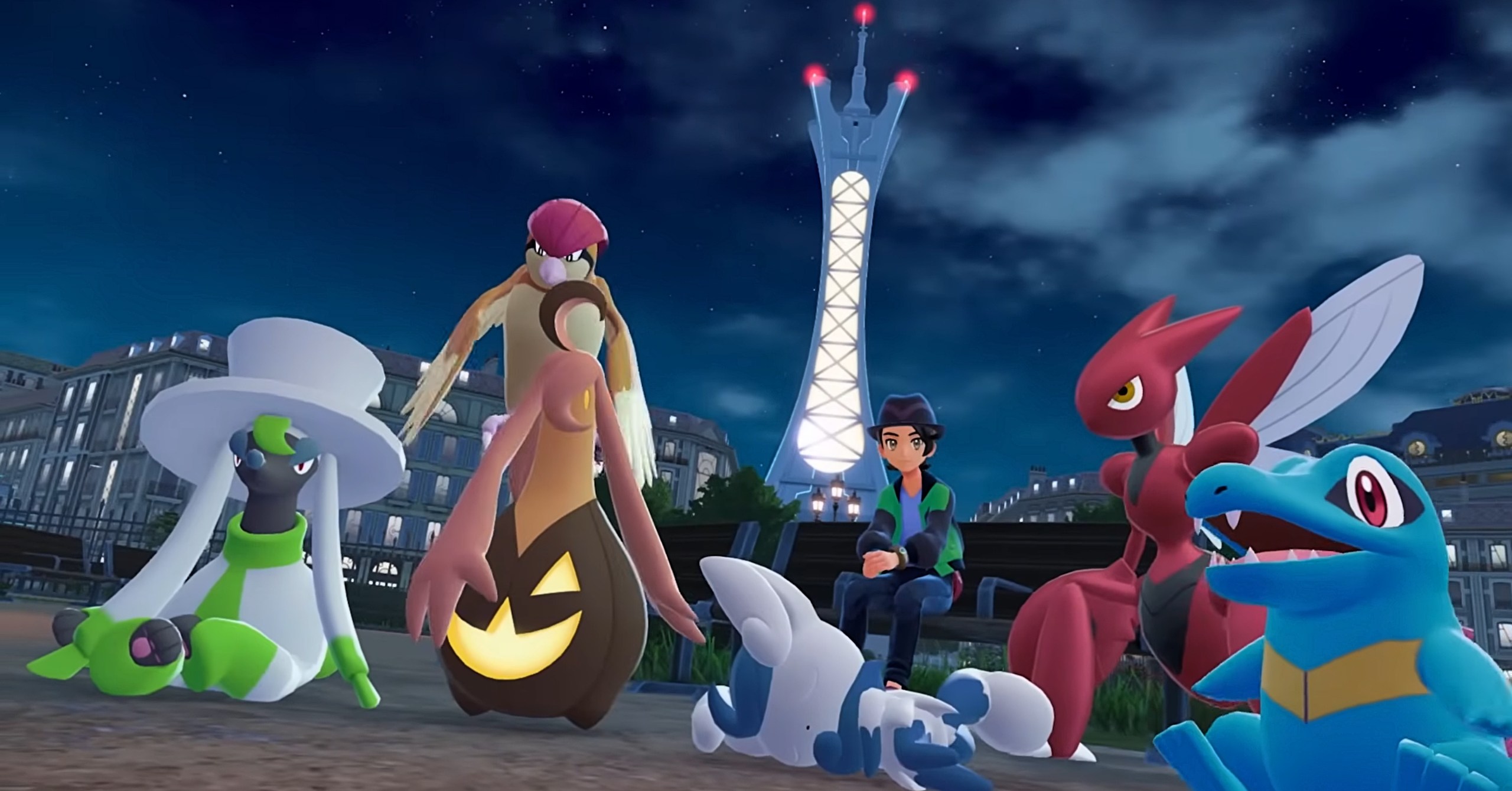 Um treinador de Pokemon em Legends Za sentado em um banco com seu Scizor, Furfrou, Totodile, Pidgeot, Gourgeist e Meowstic