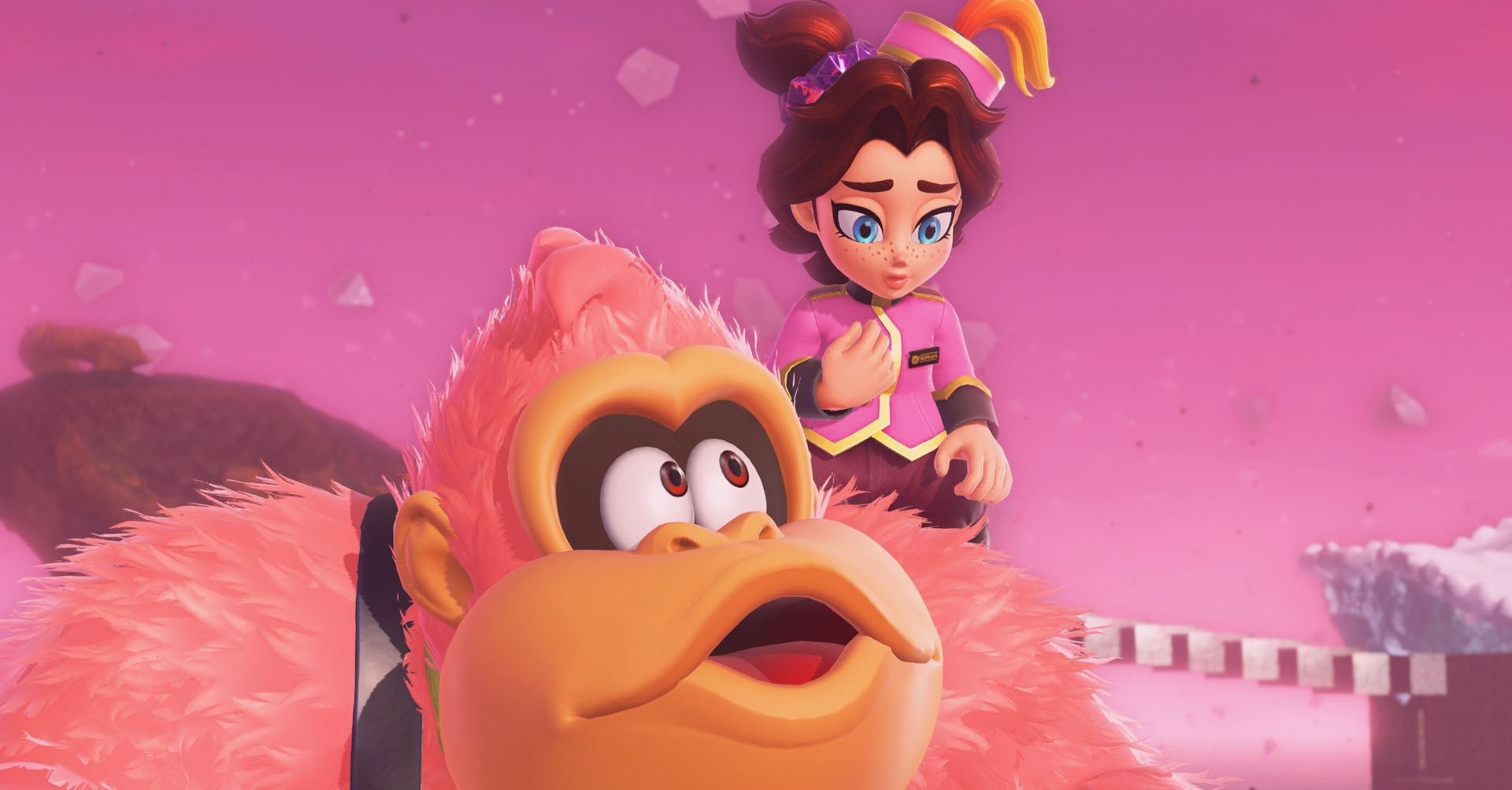 Uma captura de tela de Bananza de Donkey Kong mostrando DK olhando para Pauline sobre isso, deveria quem parece um pouco perdido em seus pensamentos.