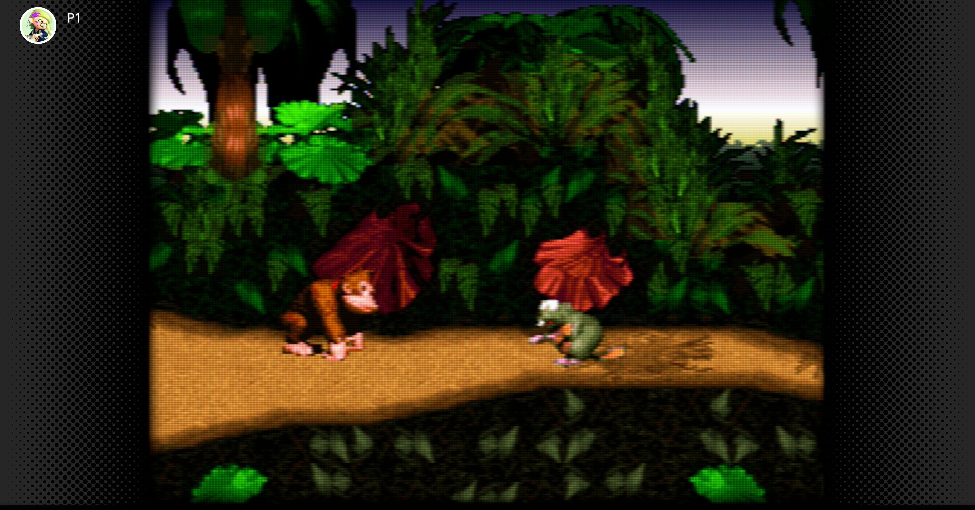 Uma captura de tela do início do Donkey Kong Country no aplicativo Switch 2 SNES SNES Classics, mas com o filtro CRT ligado.