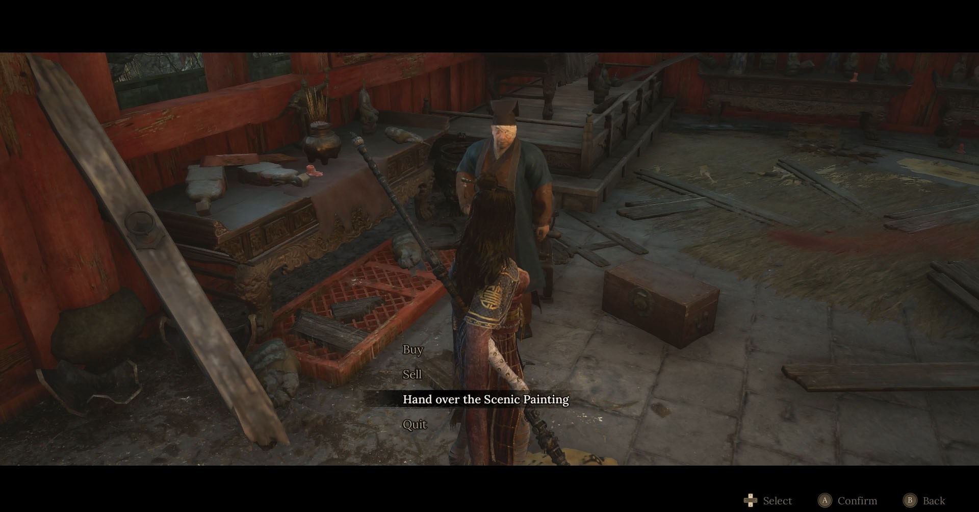 A Wuchang: Creatshot de penas caídas mostrando o personagem principal conversando com um homem chamado Tao Qing. Ele está perto de uma mesa e vende materiais diferentes e itens consumíveis.