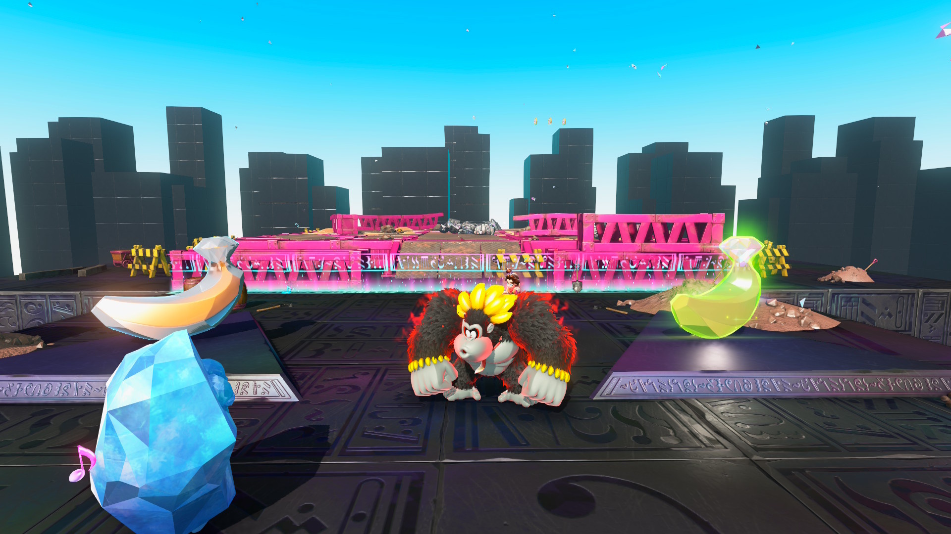 DK na forma Kong Bananza da DK Bananza, de pé na cidade, smash banandium gems localização