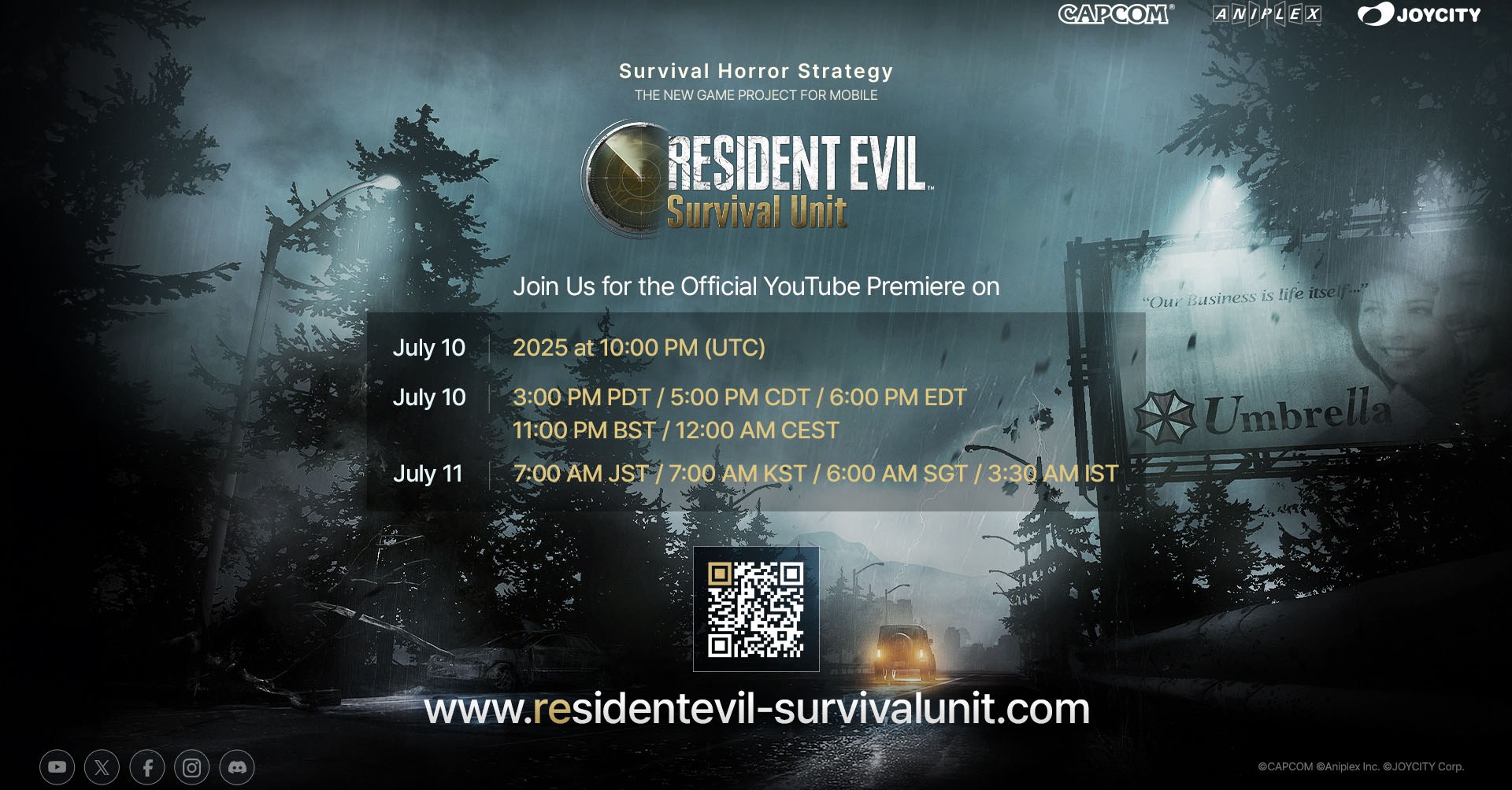 Uma imagem oficial da Unidade de Sobrevivência de Resident Evil com a programação da vitrine on -line que eles estão se preparando.