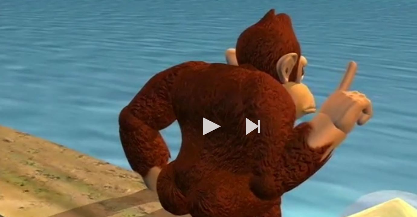 Donkey Kong em seu programa de animação nos anos 90, enquanto sua bunda enfrenta a câmera.