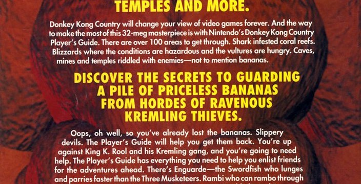 A parte de trás de um guia de jogadores para um jogo de Donkey Kong nos anos 90, que exibe com destaque a bunda de DK. 