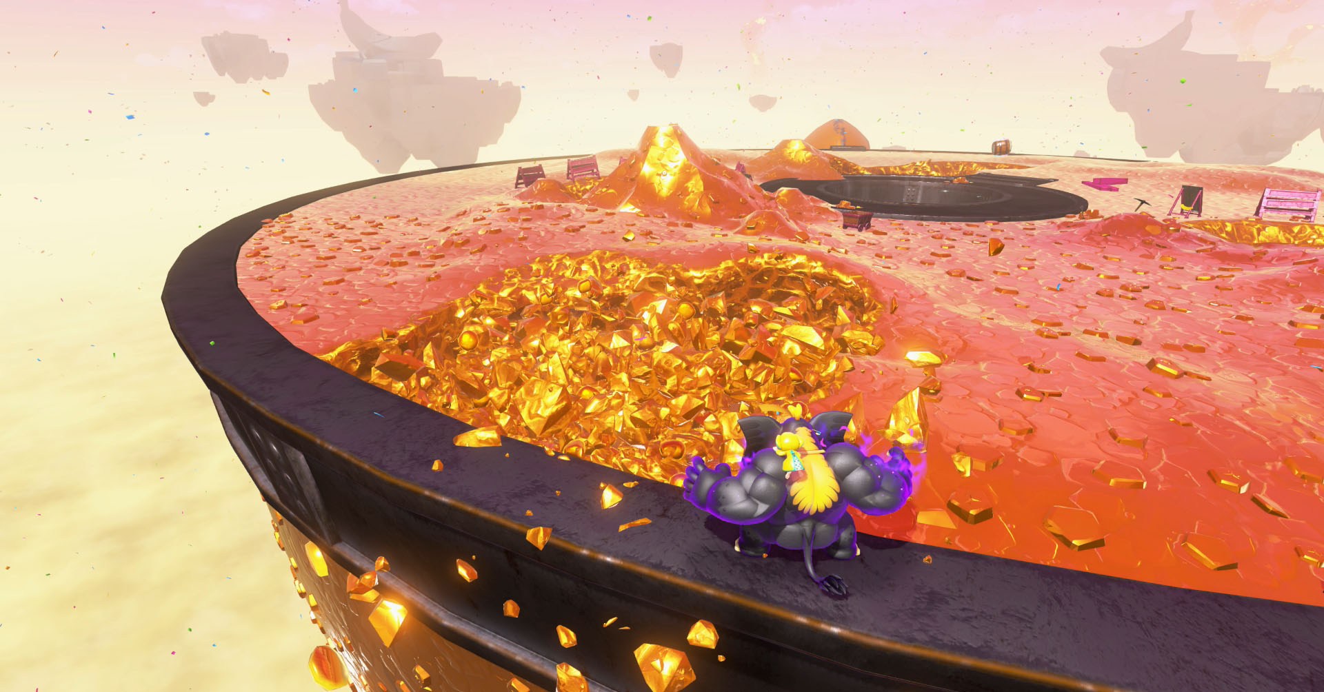 Uma captura de tela do Doneky Kong Bananza mostrando DK transformada em um elefante preto sugando ouro do topo do troféu na camada de corrida.