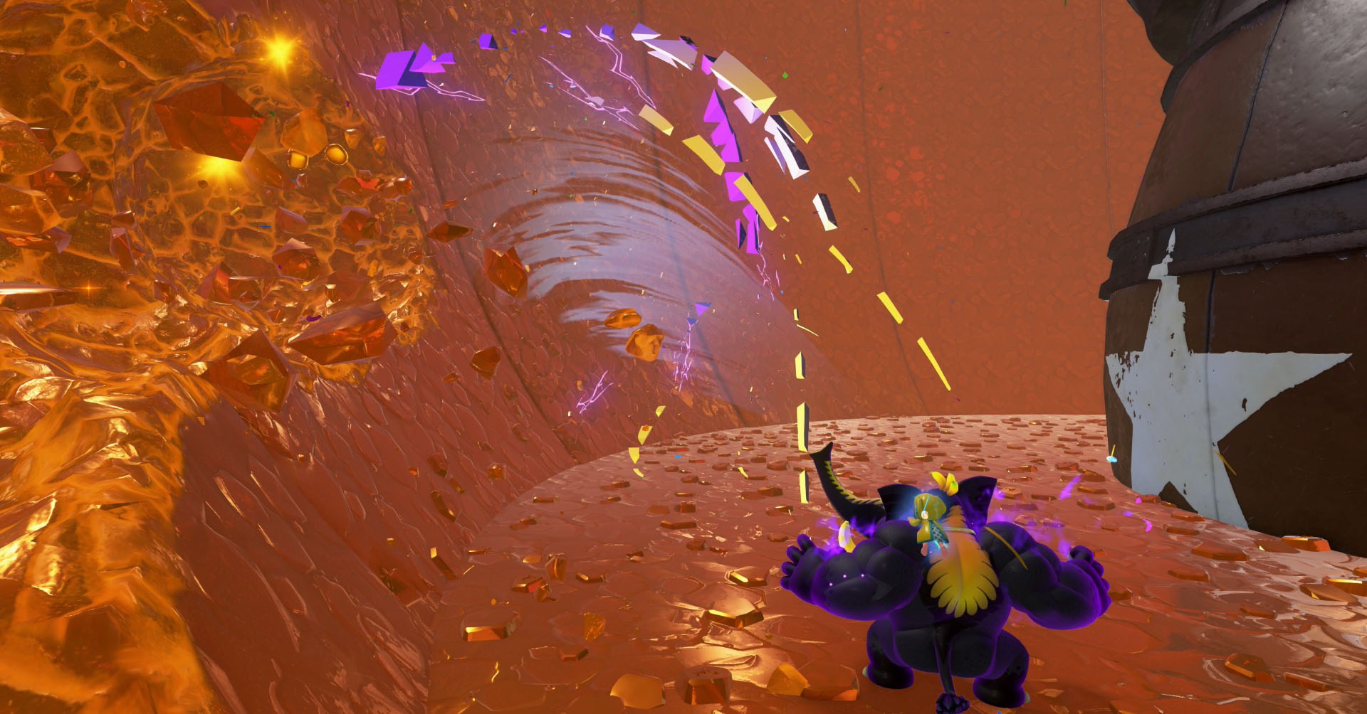 Uma captura de tela de Bananza Kong Donkey Kong mostrando DK transformada em um ouro de elefante preto chupando ouro das paredes ao seu redor.
