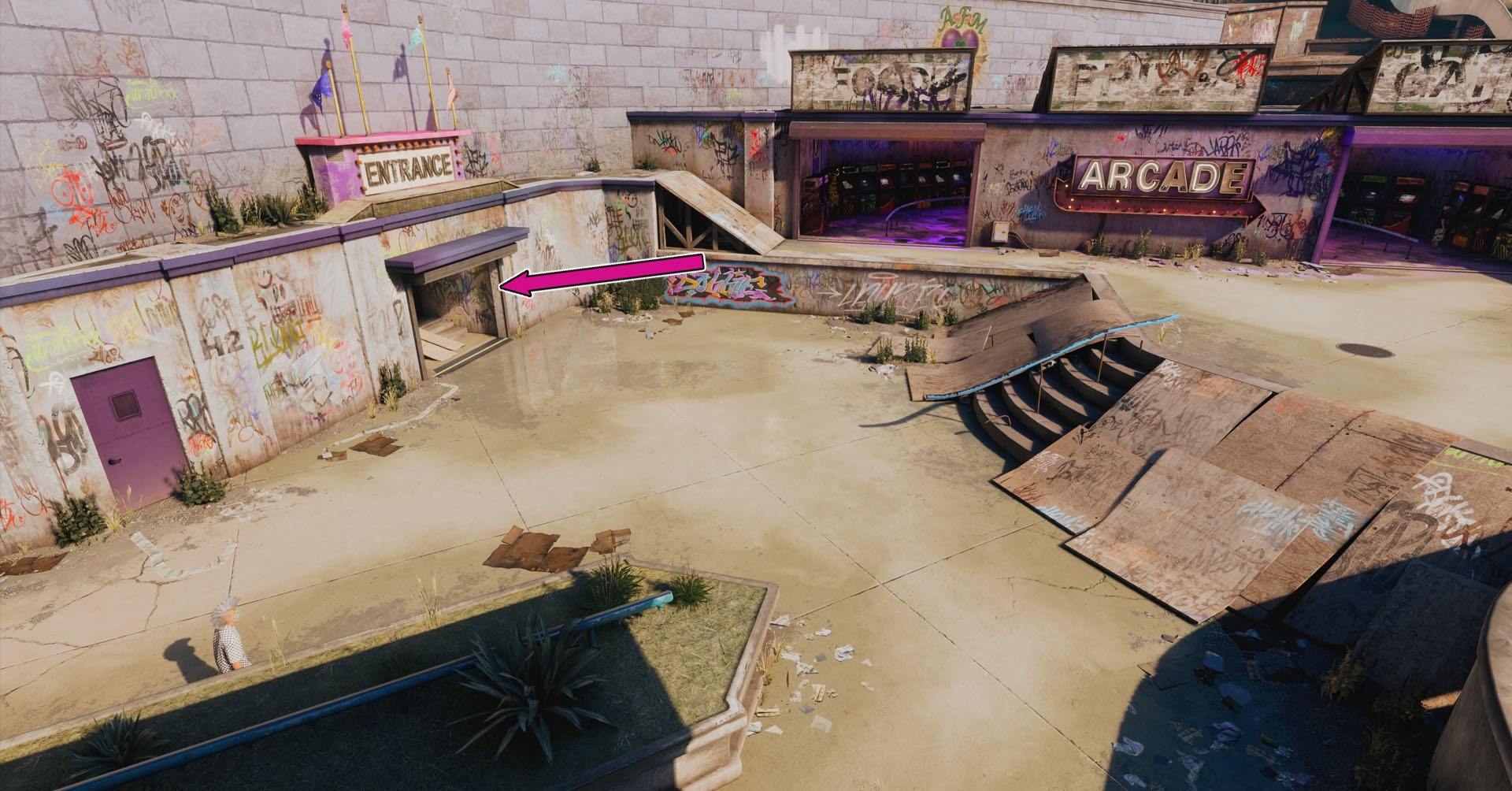 A captura de tela do Skater 4 de Tony Hawk mostrando a localização ao lado da arcada no nível do parque aquático, onde a entrada do castelo está localizada
