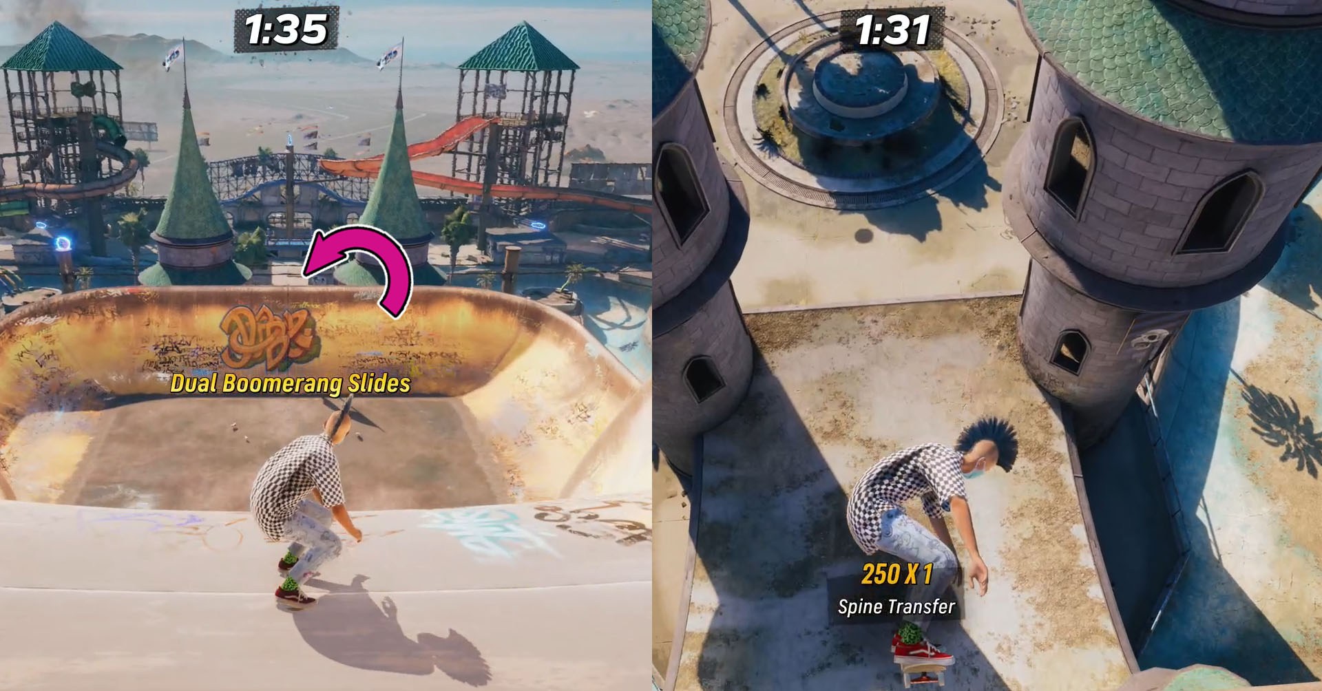 Uma montagem de duas capturas de tela do Skater 4 de Tony Hawk mostrando os passos que os jogadores precisam passar para o castelo e a lacuna da fonte