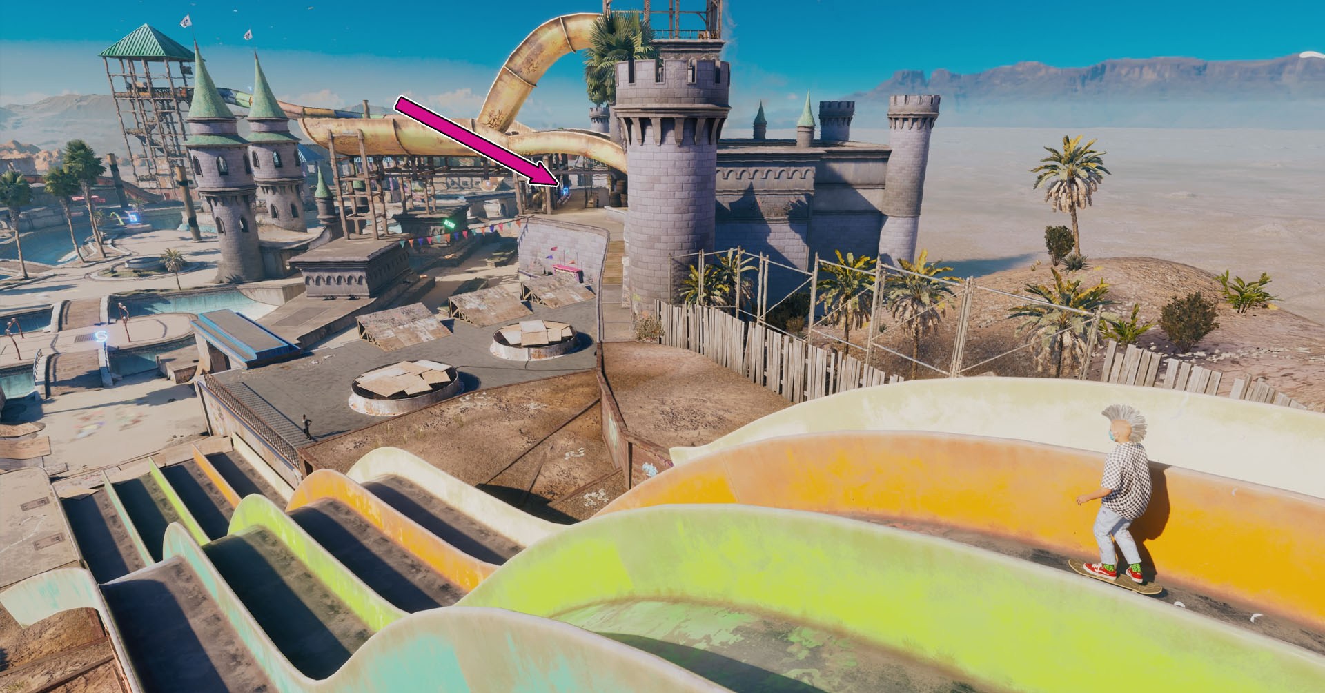 A captura de tela do Skater 4 de Tony Hawk mostrando o personagem em um parque aquático abandonado