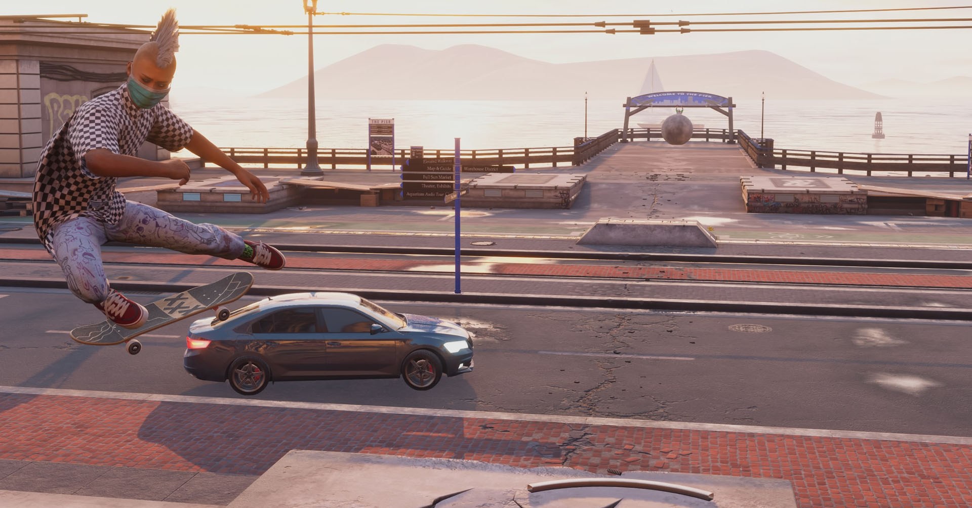 A captura de tela do Skater 4 de Tony Hawk mostrando um personagem que executa uma planta de parede.