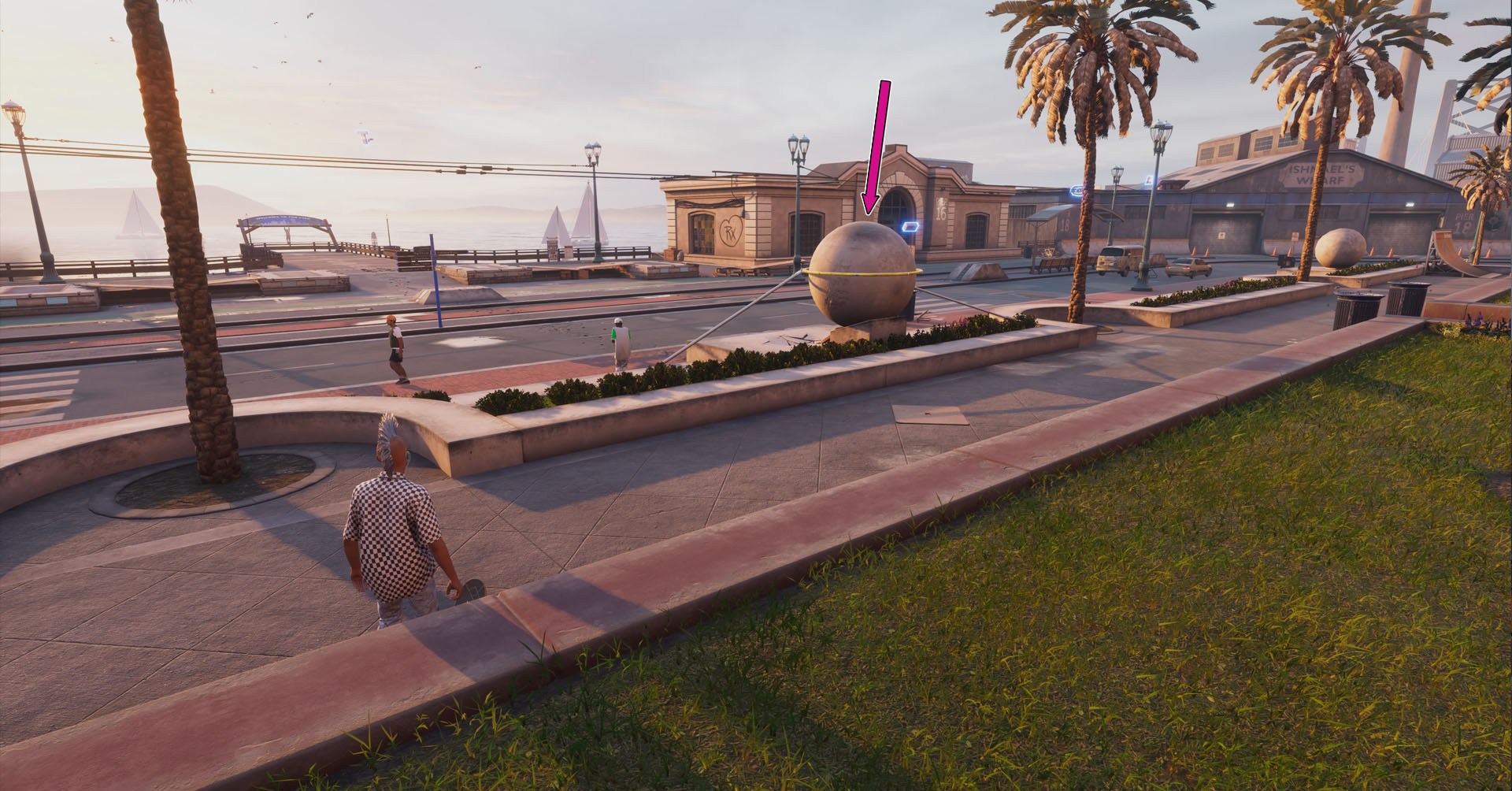 A captura de tela do Skater 4 de Tony Hawk mostrando um personagem ao lado de uma pedra que os jogadores precisam usar para completar o salvar o pintor Neal !!! meta.