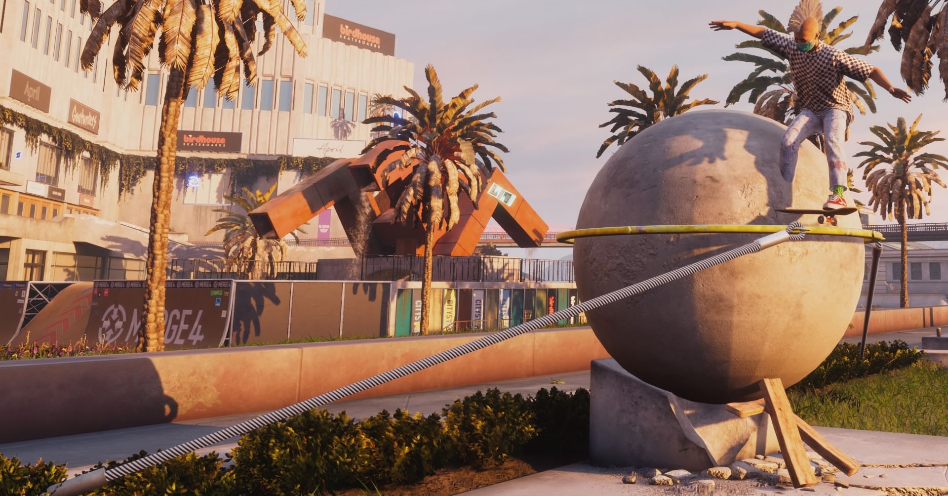 A captura de tela do Skater 4 de Tony Hawk mostrando um personagem deslizando em uma gravação circulando uma pedra.