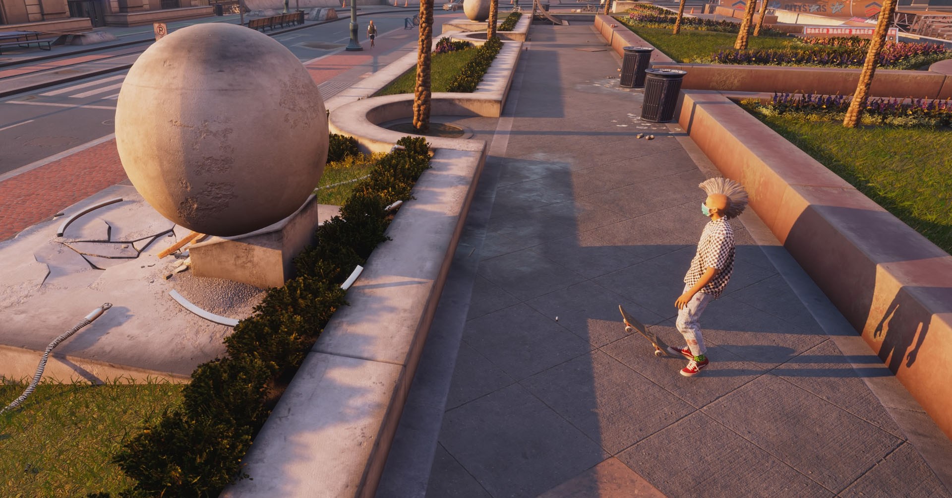 A captura de tela do Skater 4 de Tony Hawk mostrando um caráter de uma pedra no nível de Los Angeles.