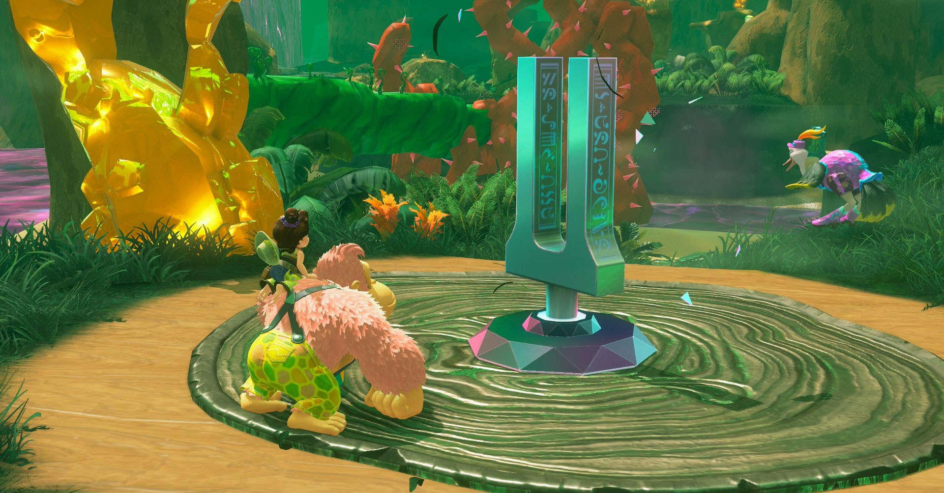 Uma captura de tela do Donkey Kong Bananza mostrando DK e Pauline olhando para um garfo de ajuste que funciona como um ponto de verificação e um ponto de teletransporte no jogo.