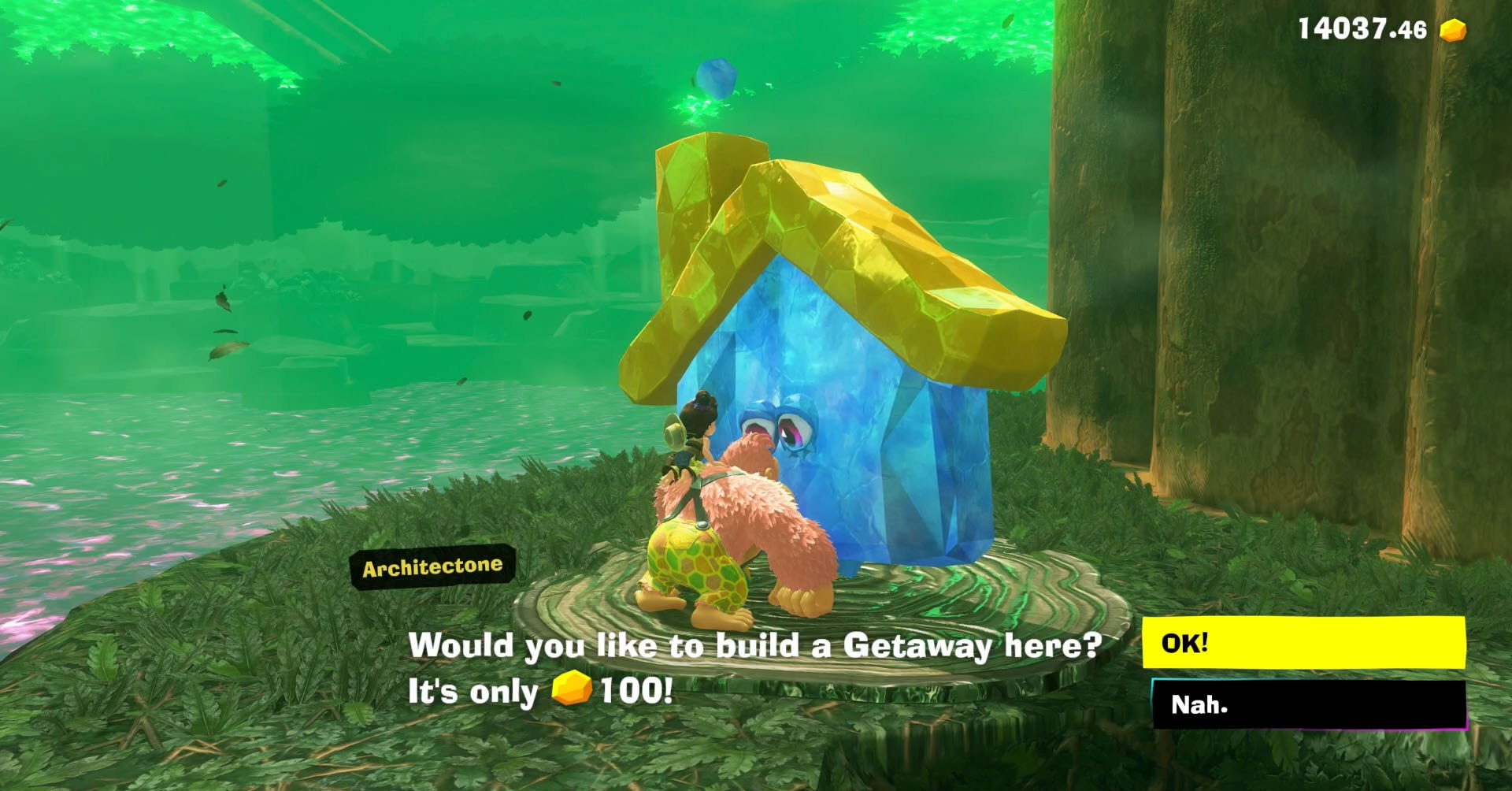 Uma captura de tela de Bananza Kong Donkey Kong mostrando DK e Pauline conversando com um arquitectone, um NPC que constrói escapadas se você pagar ouro para eles.