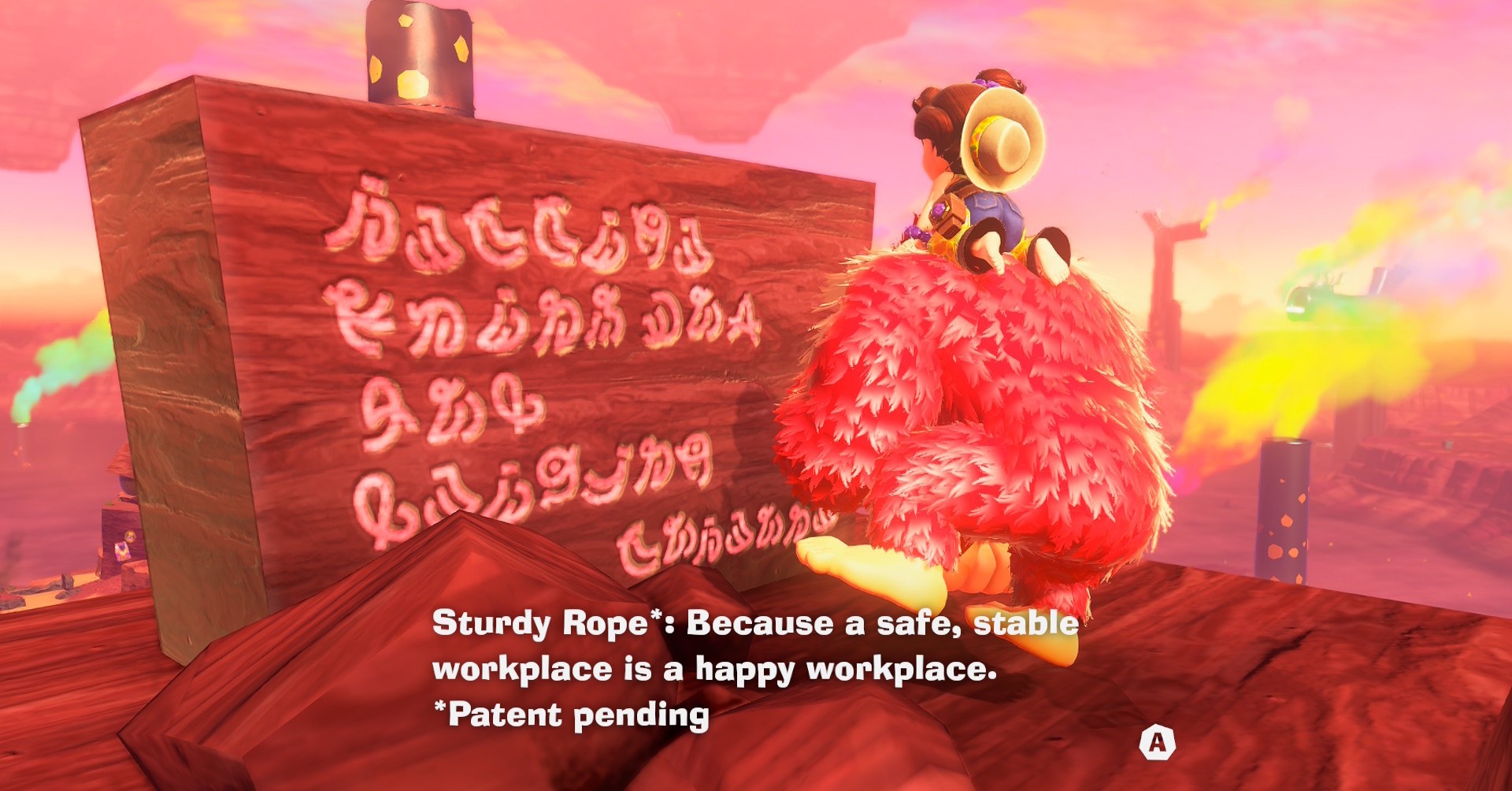 DK em Donkey Kong Bananza lendo uma laje de pedra. O texto diz: “Cordão resistente: porque um local de trabalho seguro e seguro é um local de trabalho feliz. Patente pendente”