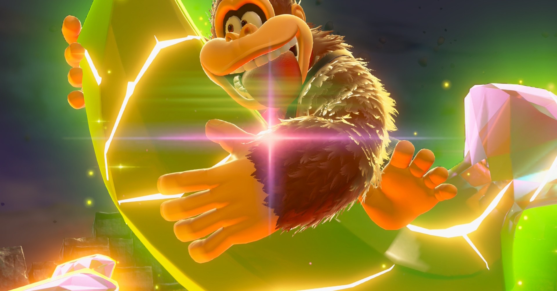 Donkey Kong segurando uma jóia gigante de Banandium em Donkey Kong Bananza