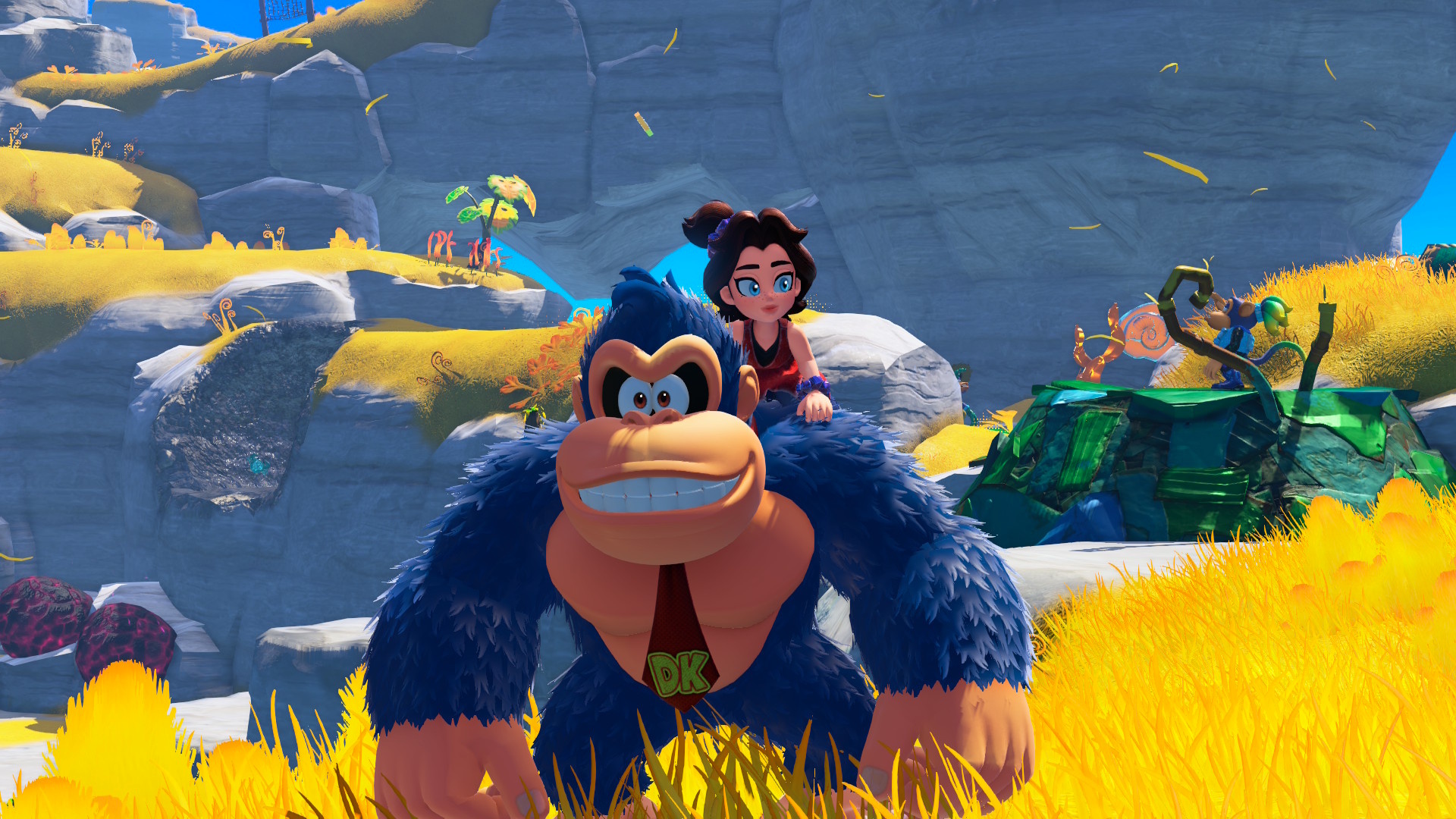 Donkey Kong de Donkey Kong Bananza com Pauline no ombro esquerdo