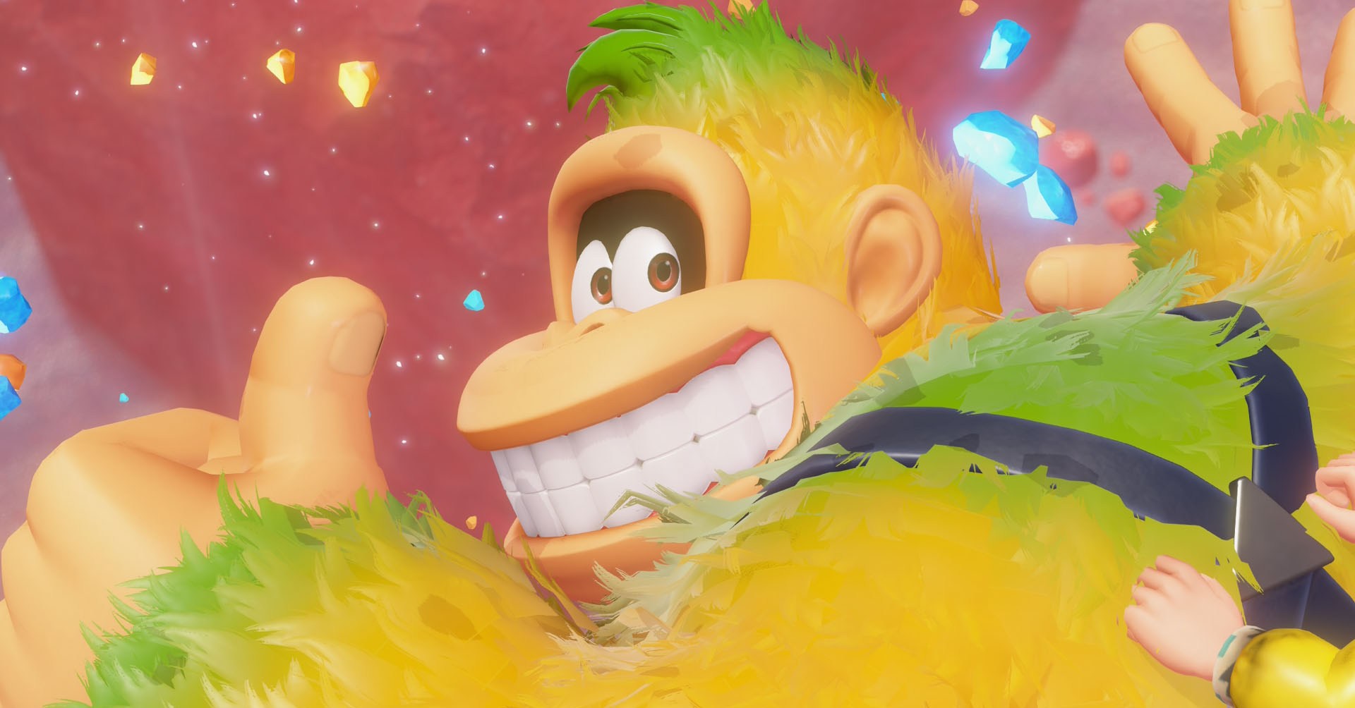 Uma captura de tela de Bananza de Donkey Kong mostrando DK sorrindo e fazendo um polegar para cima